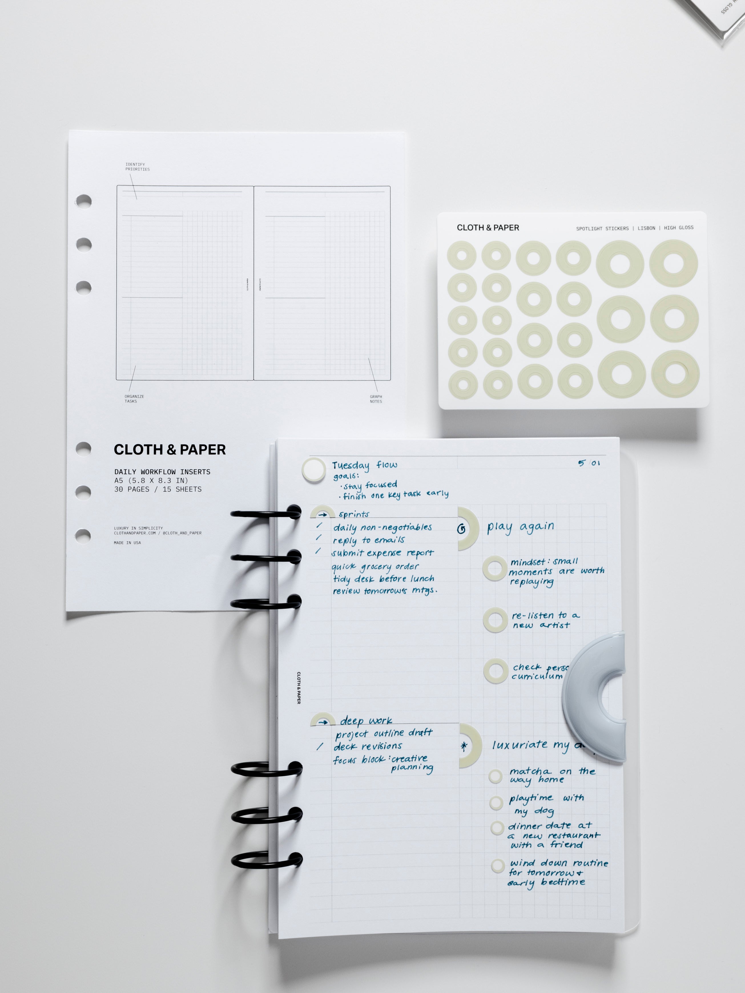 Daily Workflow Planner Inserts, inserts shown in use alongside other planning products