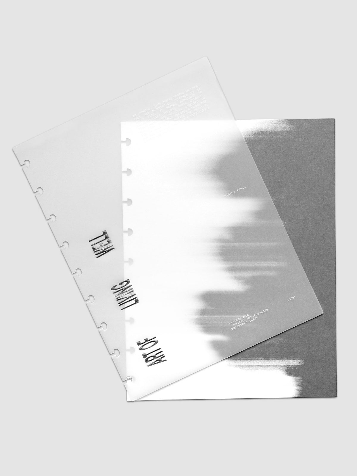 La Dolce Vita Dashboard Duo in HP Classic 9-Disc Punch, a vellum overlay printed in white ink with silver foil layered over a soft gray gradient cardstock base on a light gray background