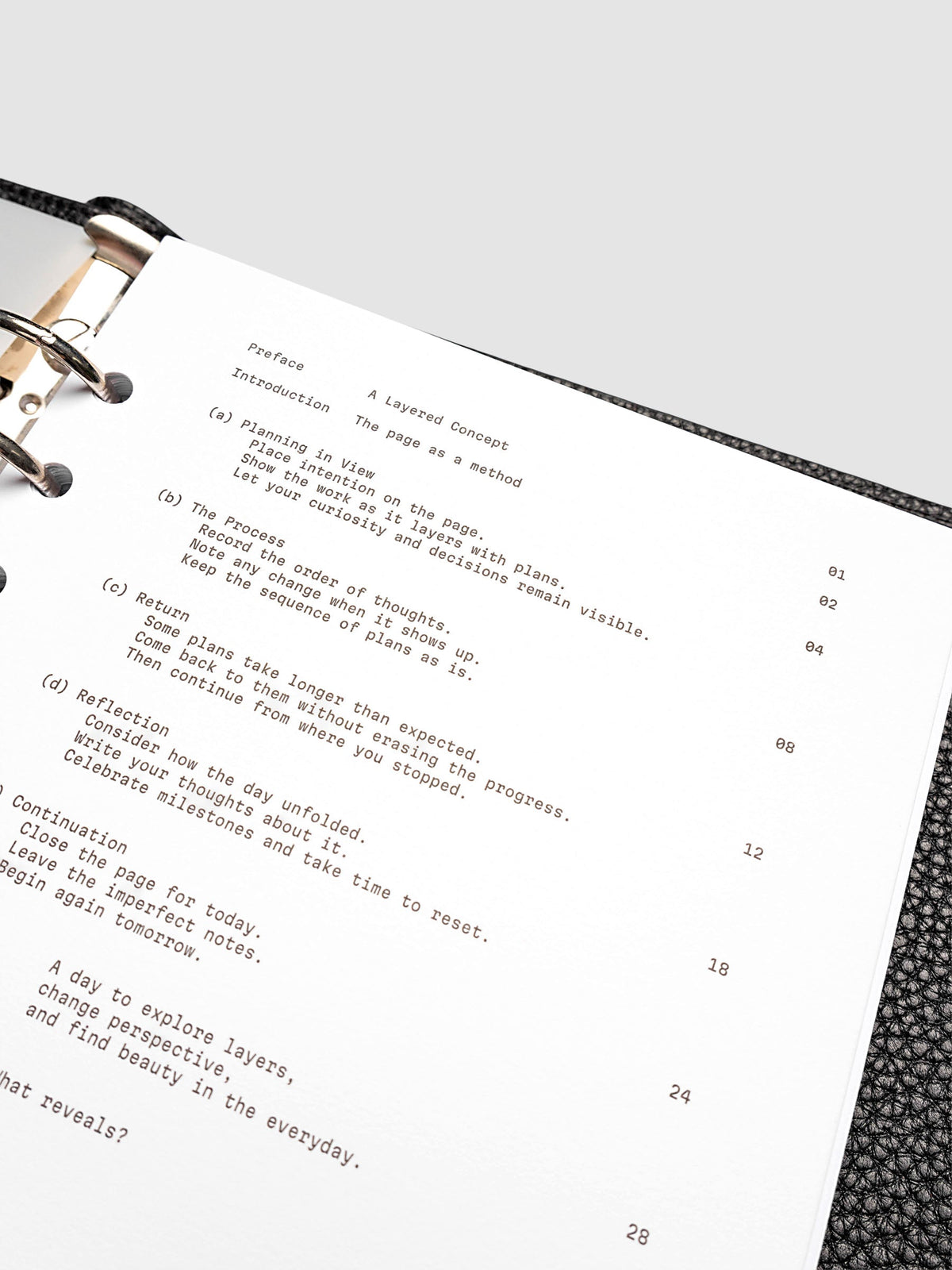 Continuation Planner Cover + Dashboard Set in A5 6-Ring Punch. Milky white frosted plastic cover with a spot gloss organic shape over a black-printed paper dashboard. Image 5 of 5.