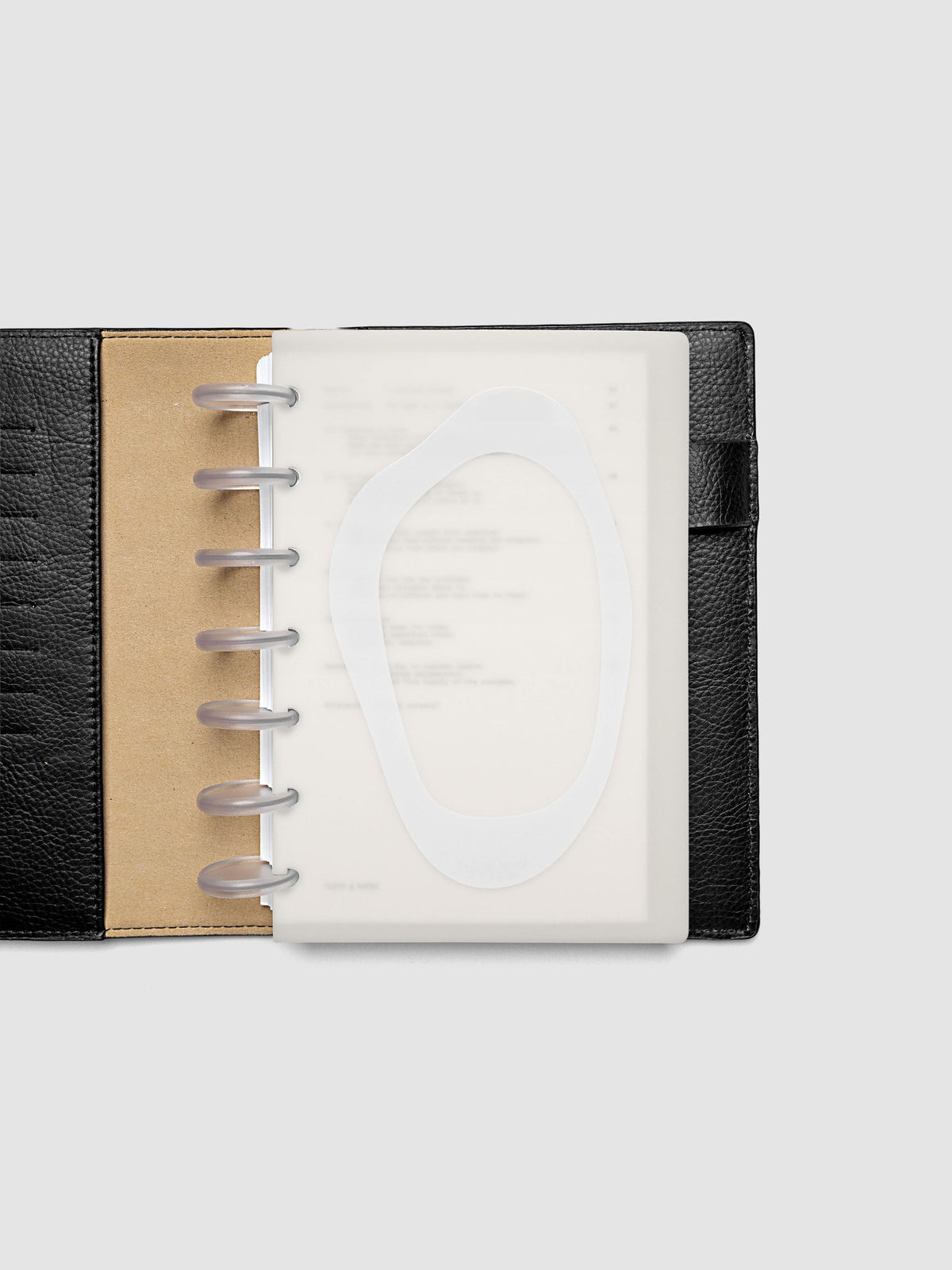 Continuation Planner Cover + Dashboard Set in HP Mini. Milky white frosted plastic cover with a spot gloss organic shape over a black-printed paper dashboard. Image 3 of 3.