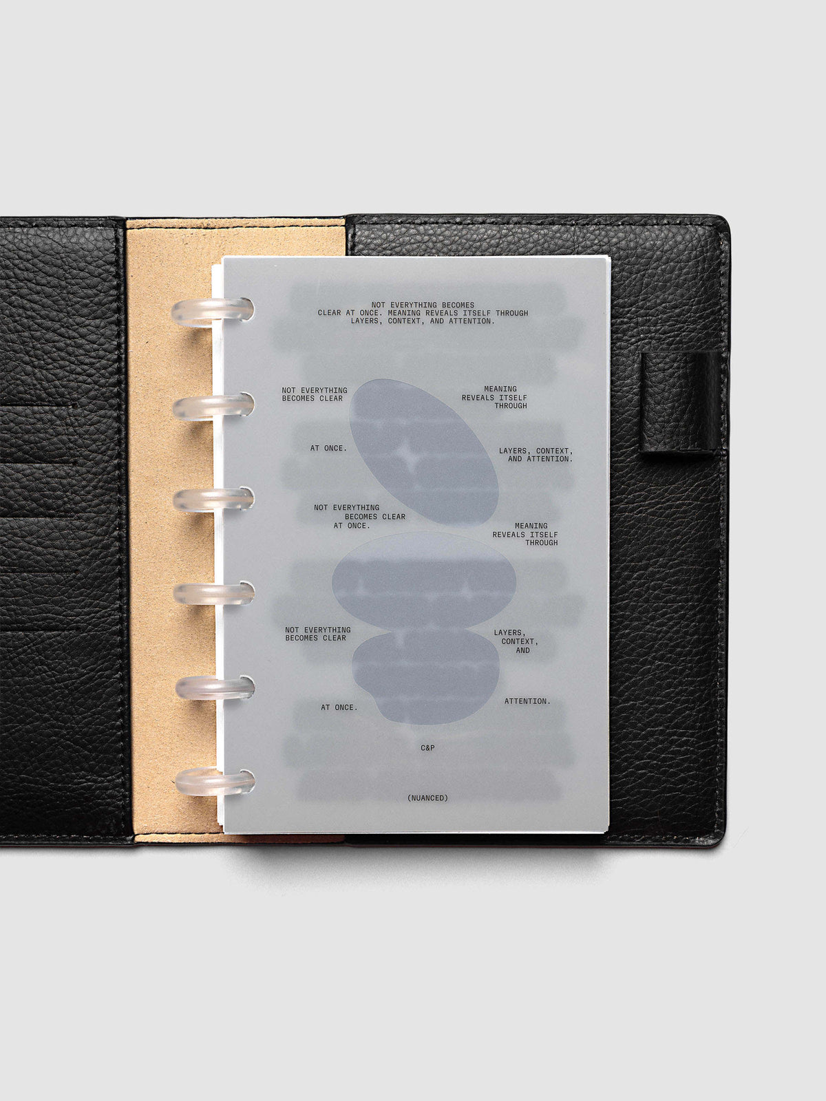 Nuanced Dashboard Trio, CP Petite 6-Disc Punch, dashboard mounted on frosted clear discs in a black leather planner with a kraft panel