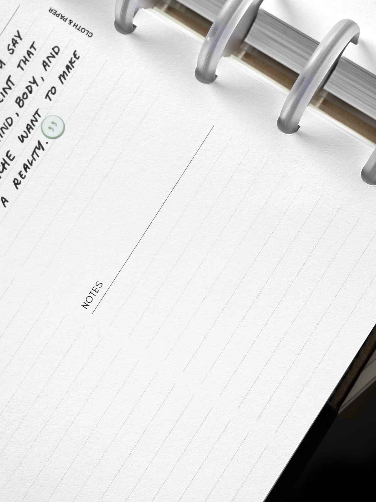 Weekly Essentials Planner Inserts, Half Letter 8-Disc Punch, close-up of the lined Notes section beside the frosted discs