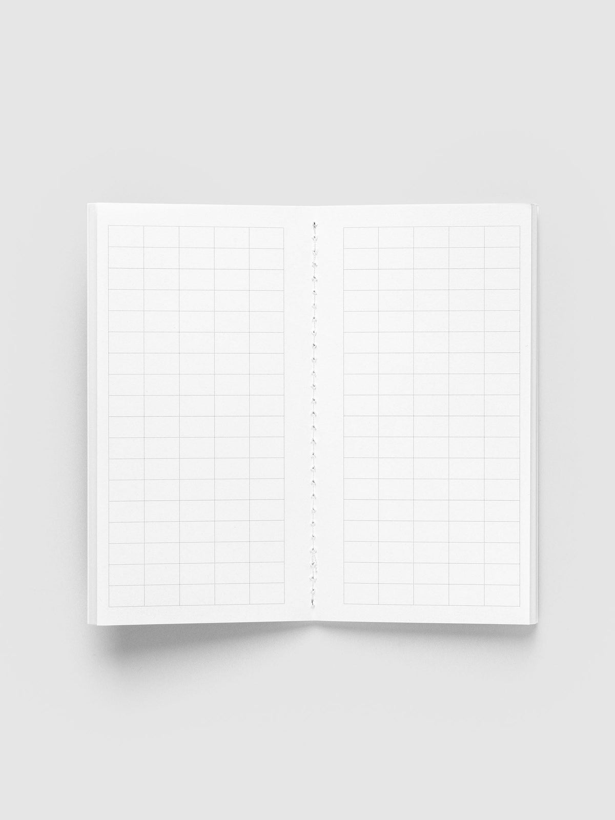 Tangent Pocket Plus Travel Notebook open flat to a two-page spread of large graph grid with a stitched spine
