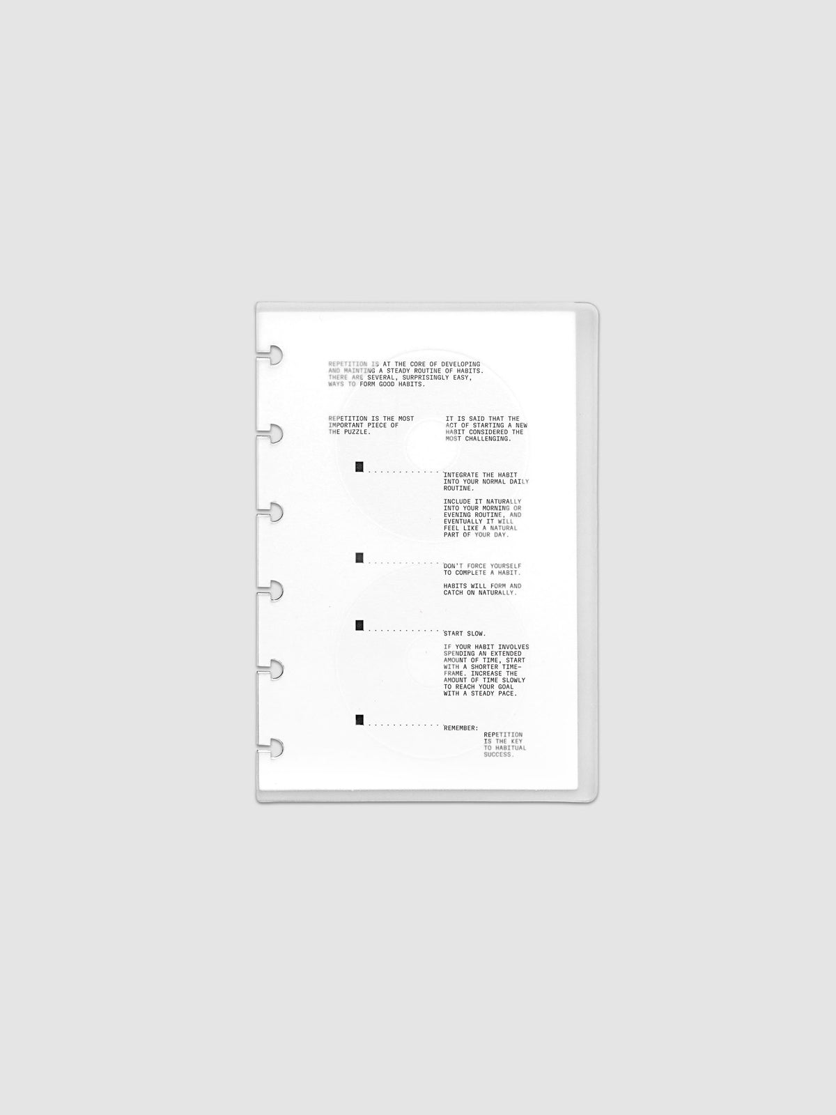 On Repeat Planner Cover + Dashboard Set shown in size CP Petite, pre-punched for discbound notebooks and planners.