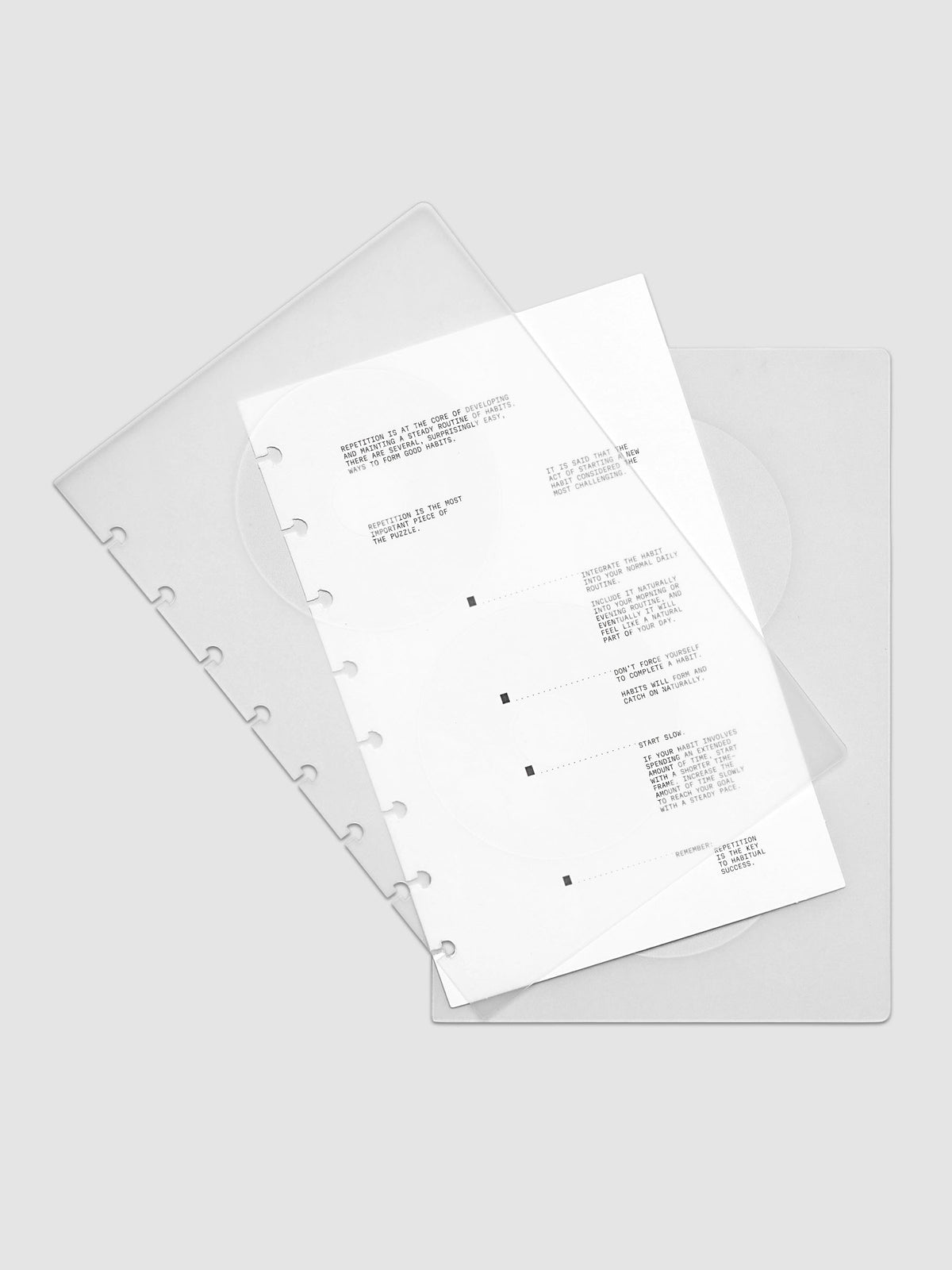 On Repeat Planner Cover + Dashboard Set shown fanned out in size Half Letter, pre-punched for discbound notebooks and planners.