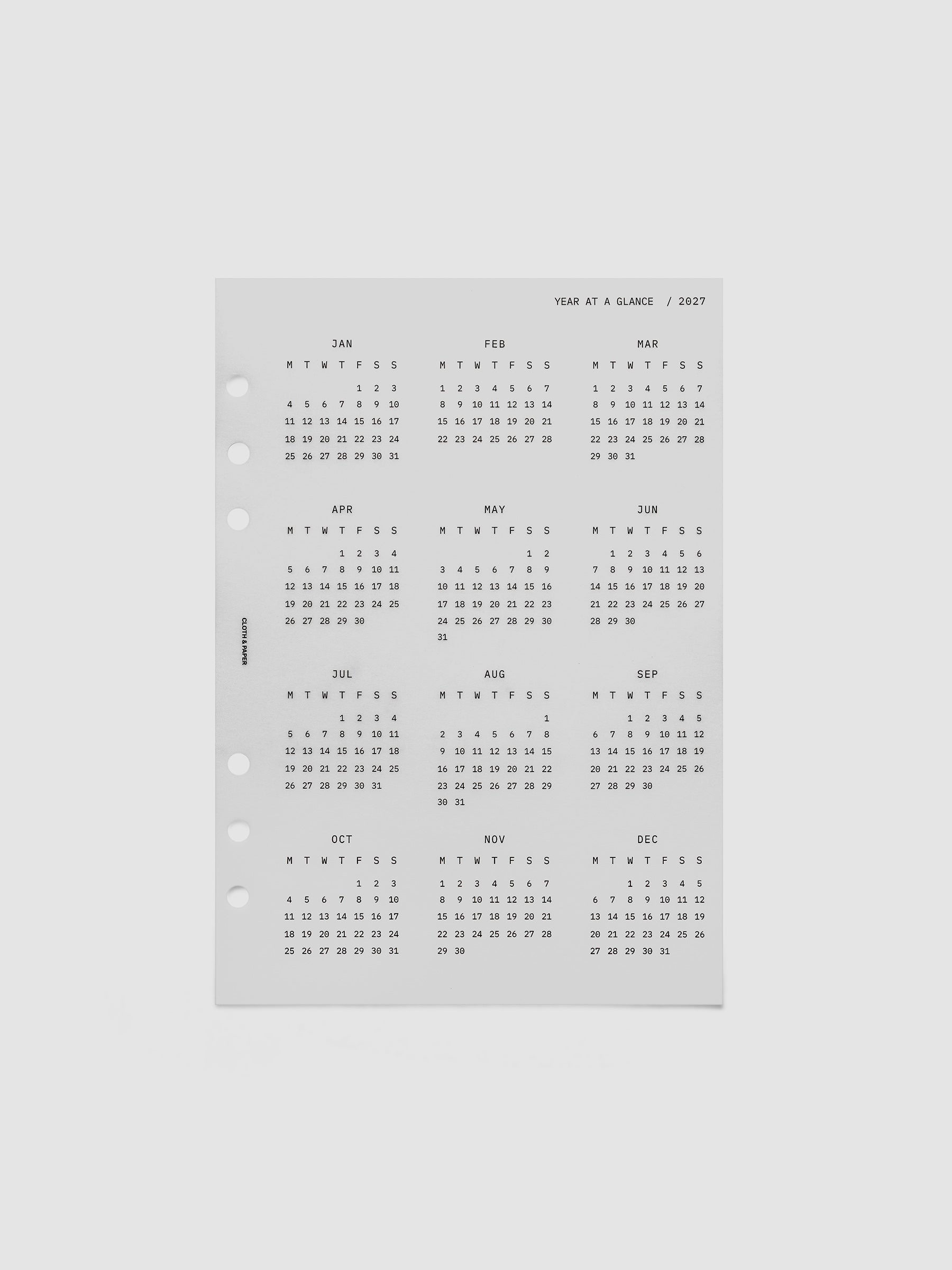 2027 Year At A Glance Dashboard Monday Start, A5 6-Ring Punch, translucent vellum dashboard shown on its own