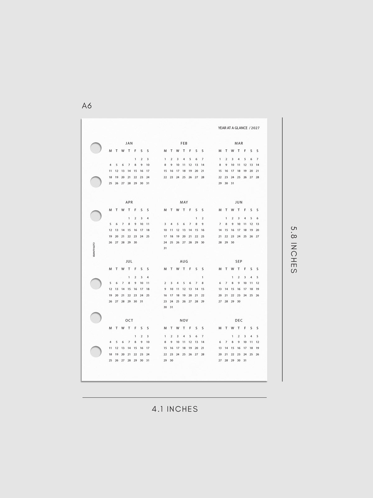 2027 Year At A Glance Dashboard Monday Start, A6 6-Ring Punch, translucent vellum dashboard printed with a full year calendar in Monday-start format