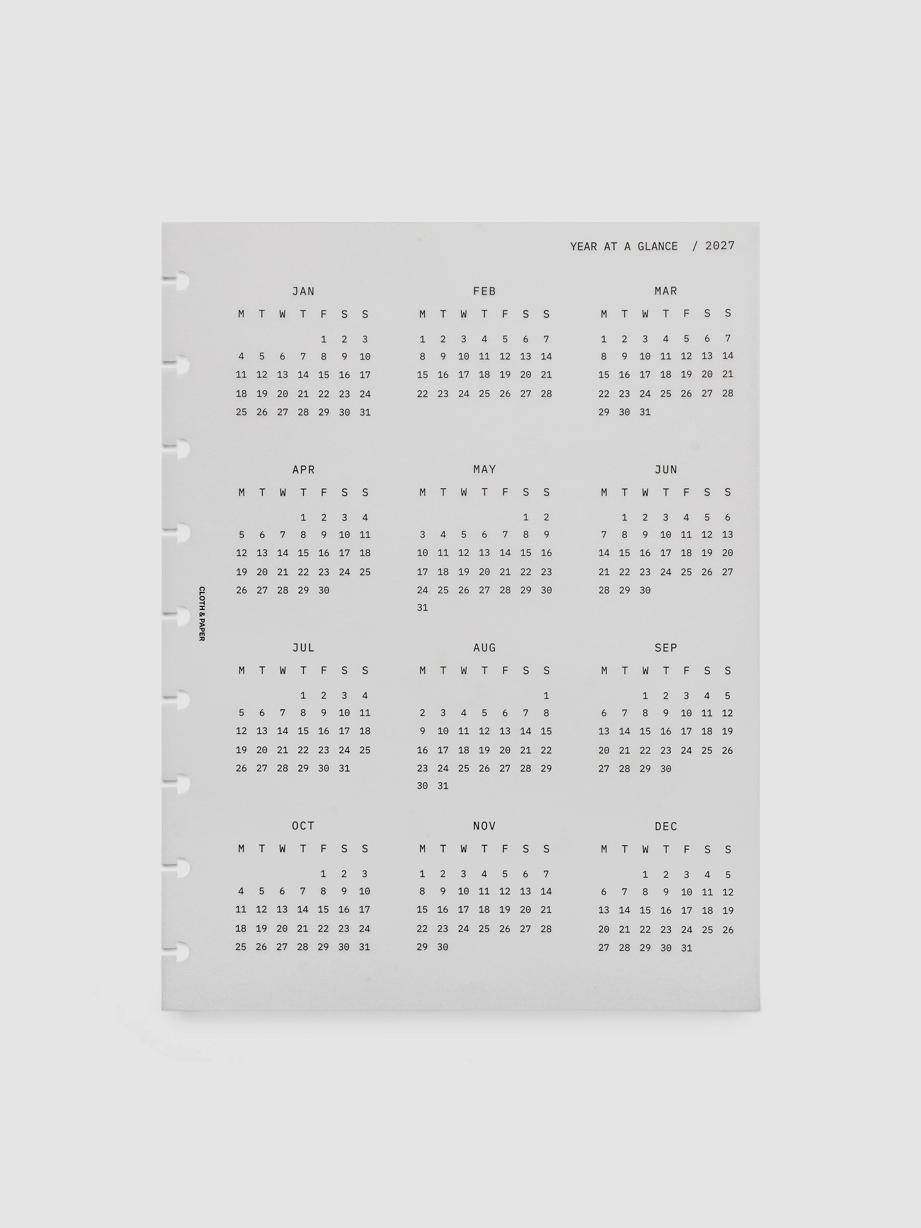 2027 Year At A Glance Dashboard Monday Start, HP Classic 9-Disc Punch, translucent vellum dashboard shown on its own
