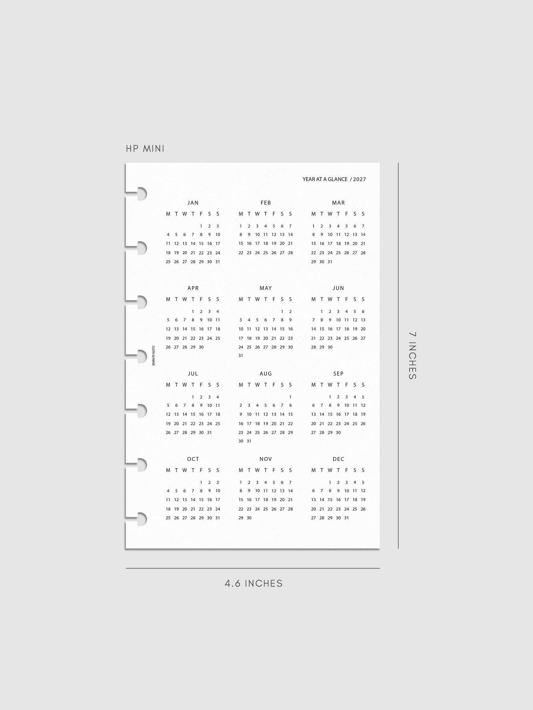 2027 Year At A Glance Dashboard Monday Start, HP Mini 7-Disc Punch, translucent vellum dashboard printed with a full year calendar in Monday-start format