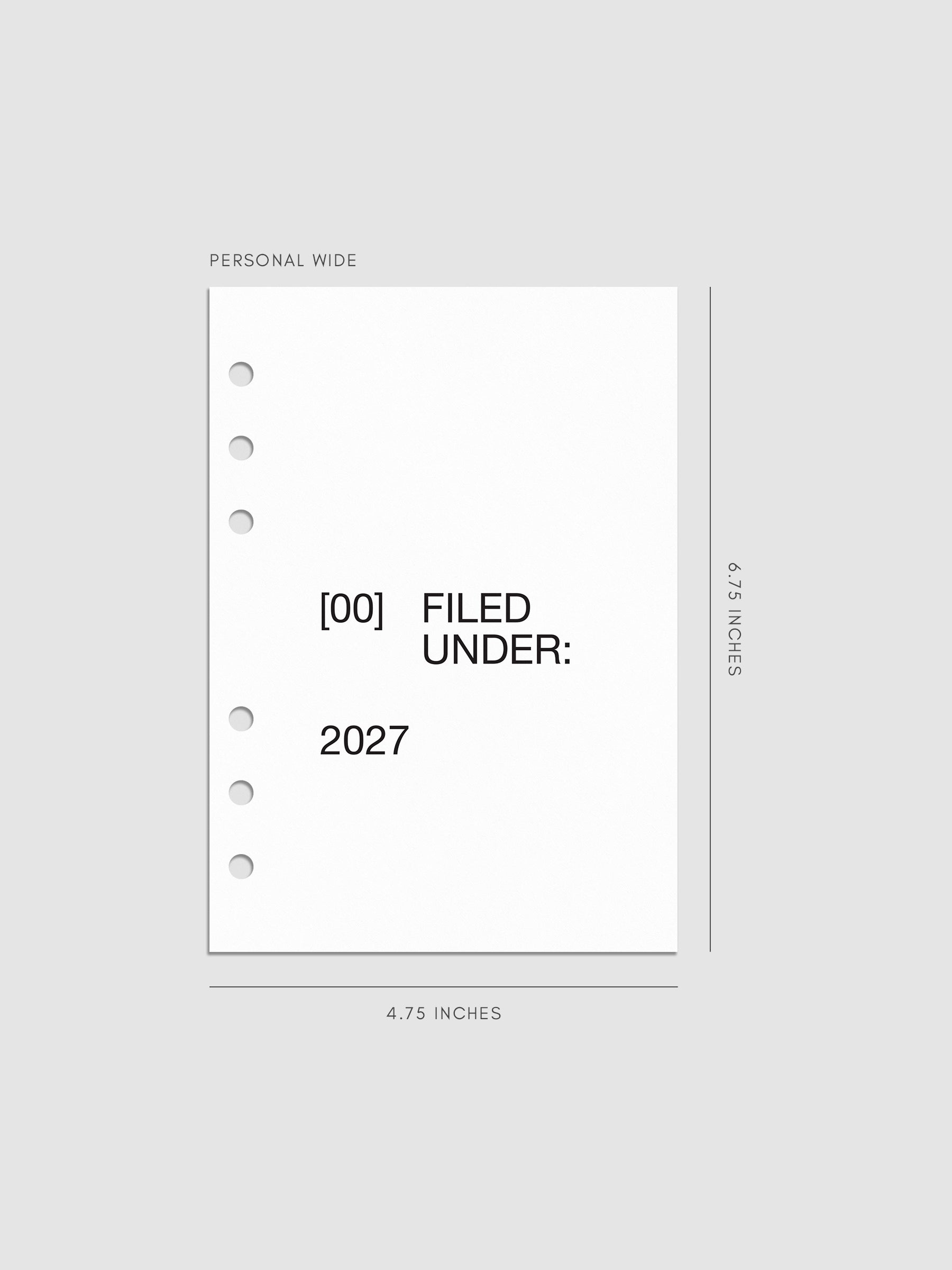 2027 Front + Monthly Dashboard Overlays, Avant Garde, Personal Wide 6-Ring Punch, set of 13 translucent vellum overlays including a front cover overlay and 12 monthly dashboards printed in black ink