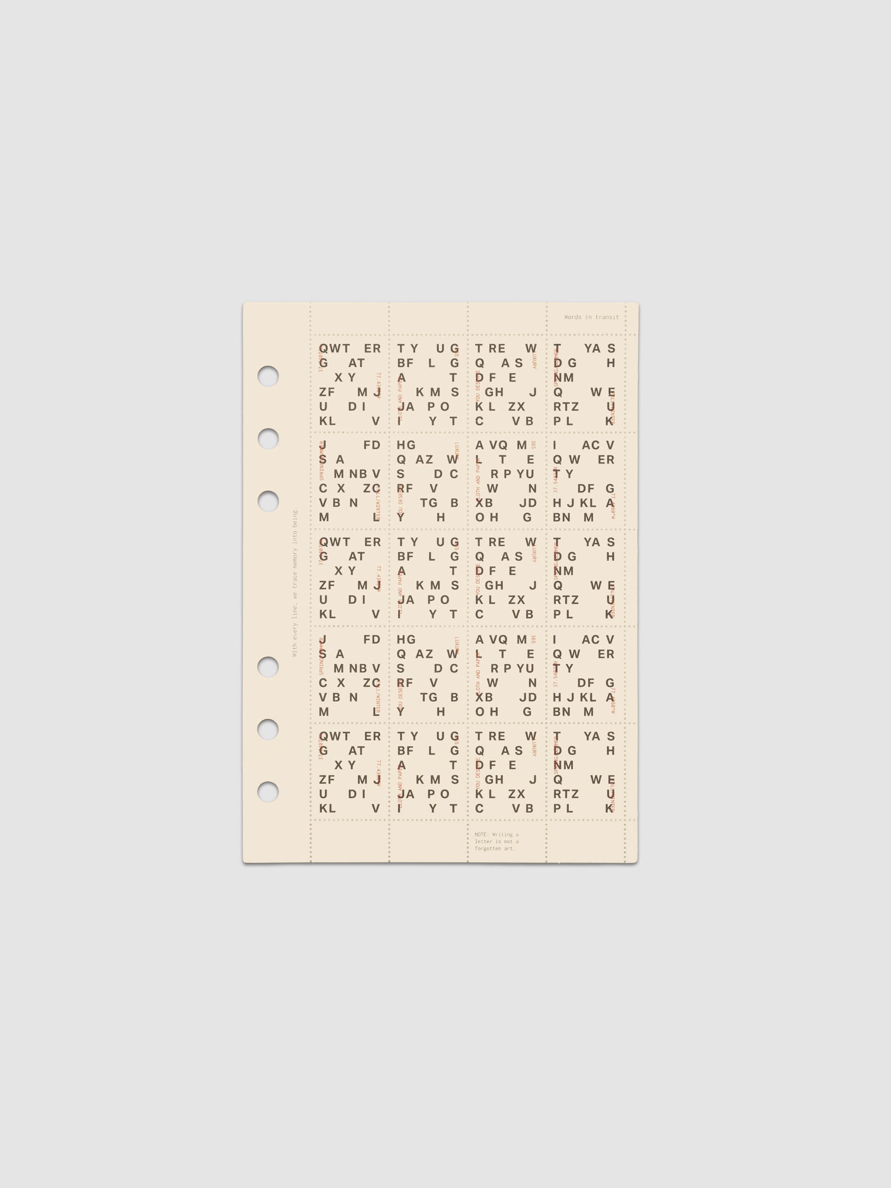 Cream colored Stamp Sheet Planner Dashboard with black text design shown in size Personal Wide against a grey background.