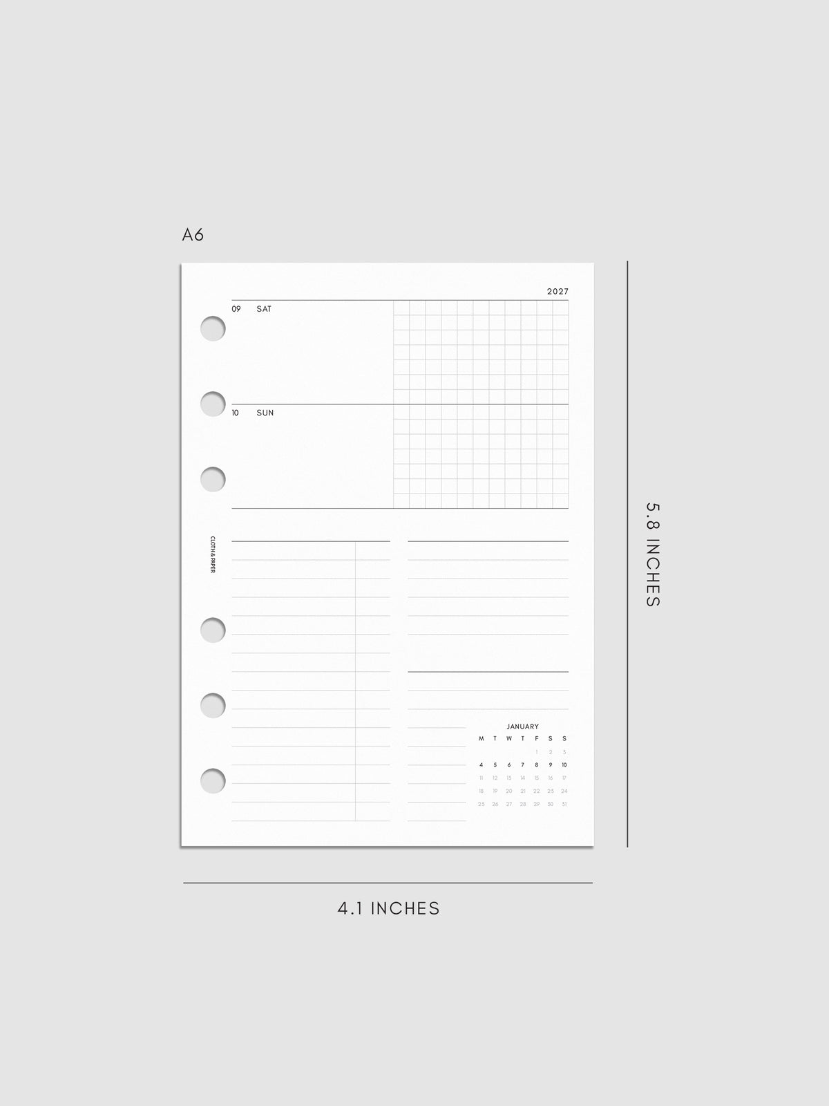 Mockup of the 2027 Dated Weekly Horizontal Planner Inserts | Monday Start's right page shown in size A6 6-Ring Punch.