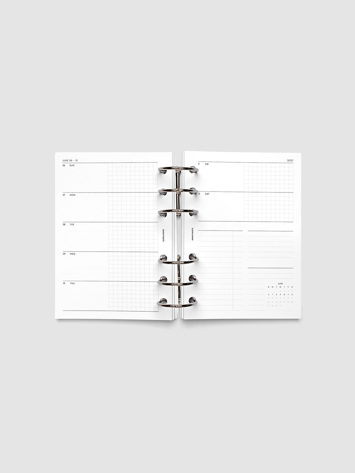 2027 Dated Weekly Horizontal Planner Inserts, Sunday Start, A6 6-Ring Punch, full week-on-two-pages horizontal spread showing each day split into open and graph columns, with tasks column, notes column, and mini monthly calendar on the right page, shown inside a planner