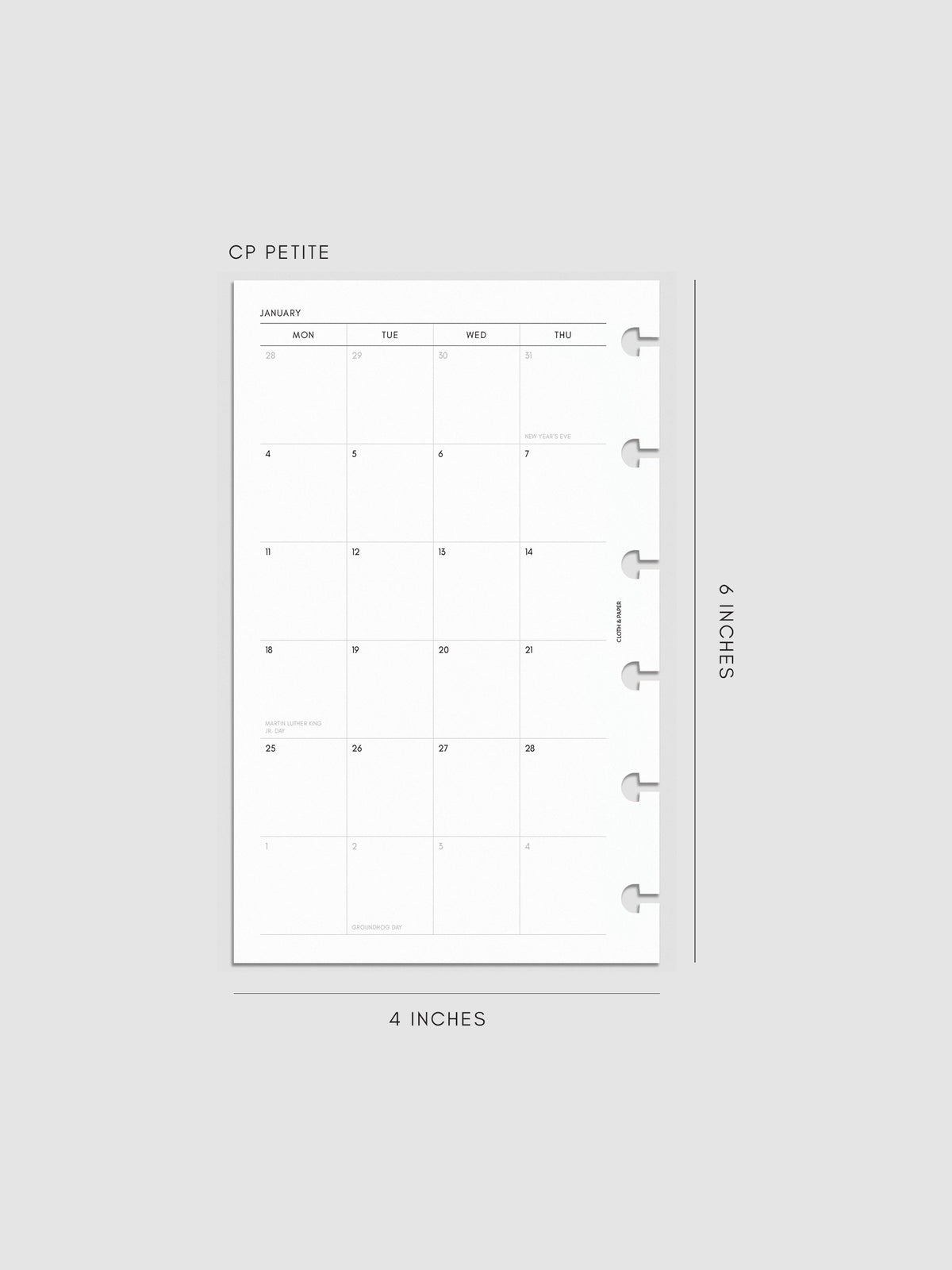 2027 Dated Monthly Planner Inserts, Monday Start, CP Petite 6-Disc Punch, left page of two-page monthly calendar spread with Monday start shown inside a planner