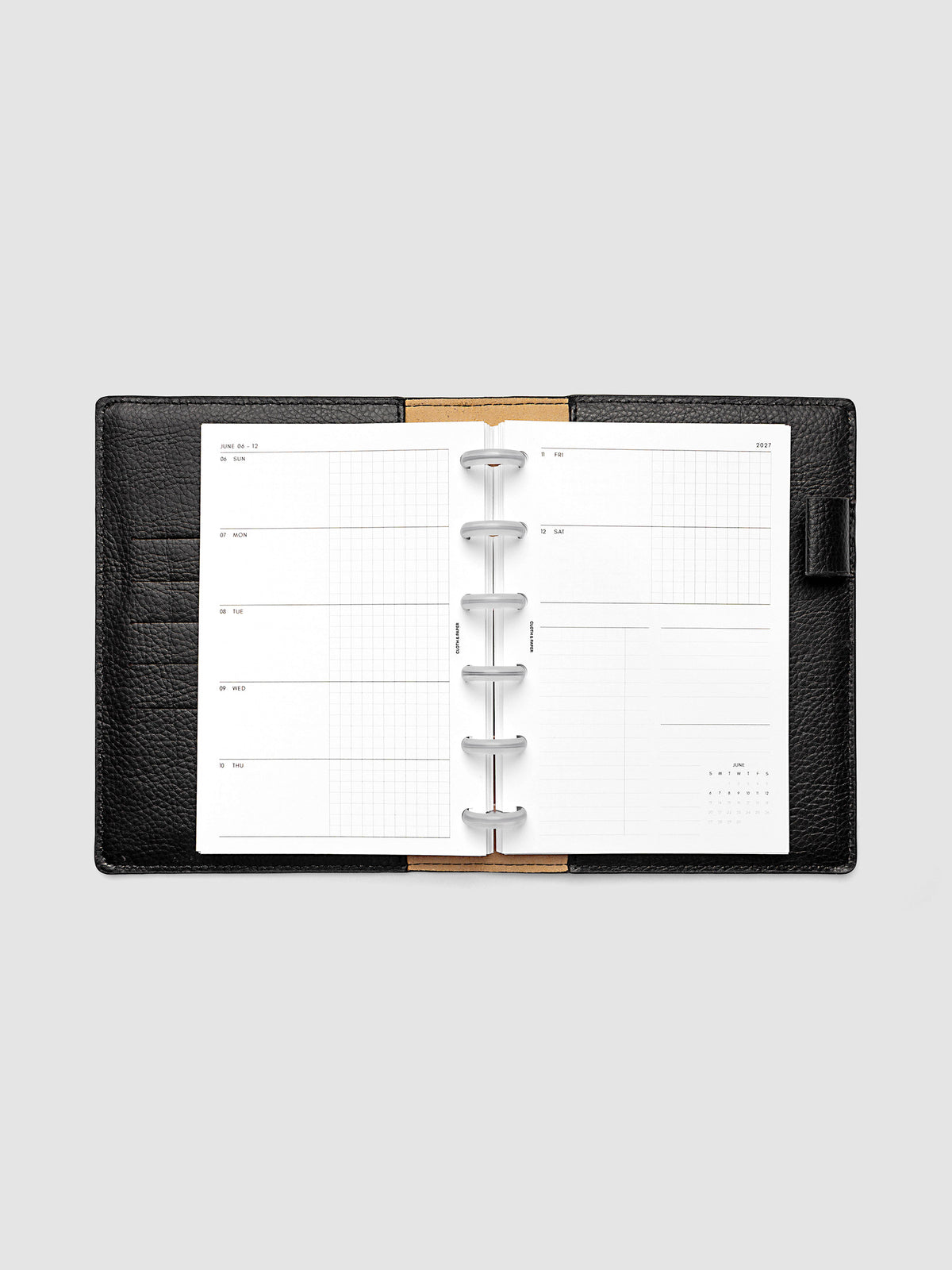 2027 Dated Weekly Horizontal Planner Inserts, Sunday Start, CP Petite 6-Disc Punch, full week-on-two-pages horizontal spread showing each day split into open and graph columns, with tasks column, notes column, and mini monthly calendar on the right page, shown inside a planner