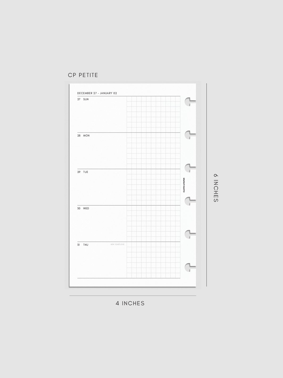 Mockup of the 2027 Dated Weekly Horizontal Planner Inserts | Sunday Start left page shown in size CP Petite 6-Disc Punch