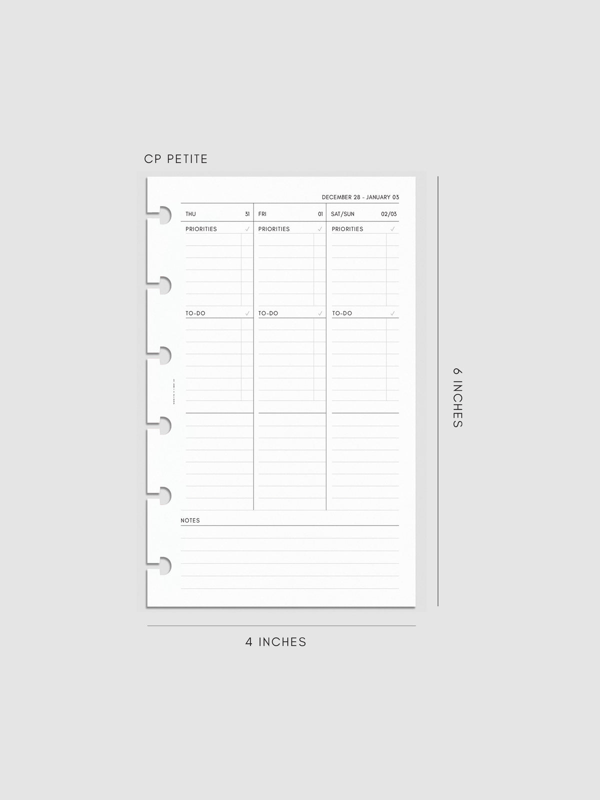 2027 Dated Weekly Task Planner Inserts, Monday Start, CP Petite 6-Disc Punch, right page of weekly spread showing vertical columns for Thursday and Friday alongside a combined Saturday and Sunday column, with labeled priorities, to-do, and open notes sections, and weekly notes section along the bottom