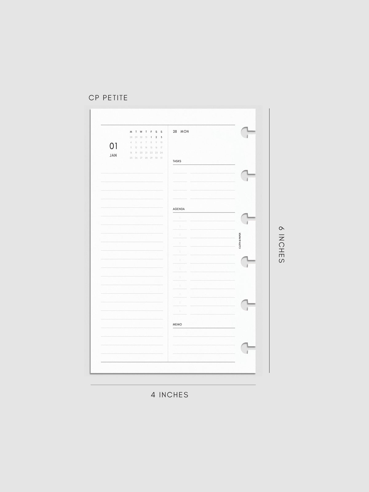 Left page layout of the 2027 Dated Daily Inserts | Monday Start in size CP Petite 6-Disc Punch