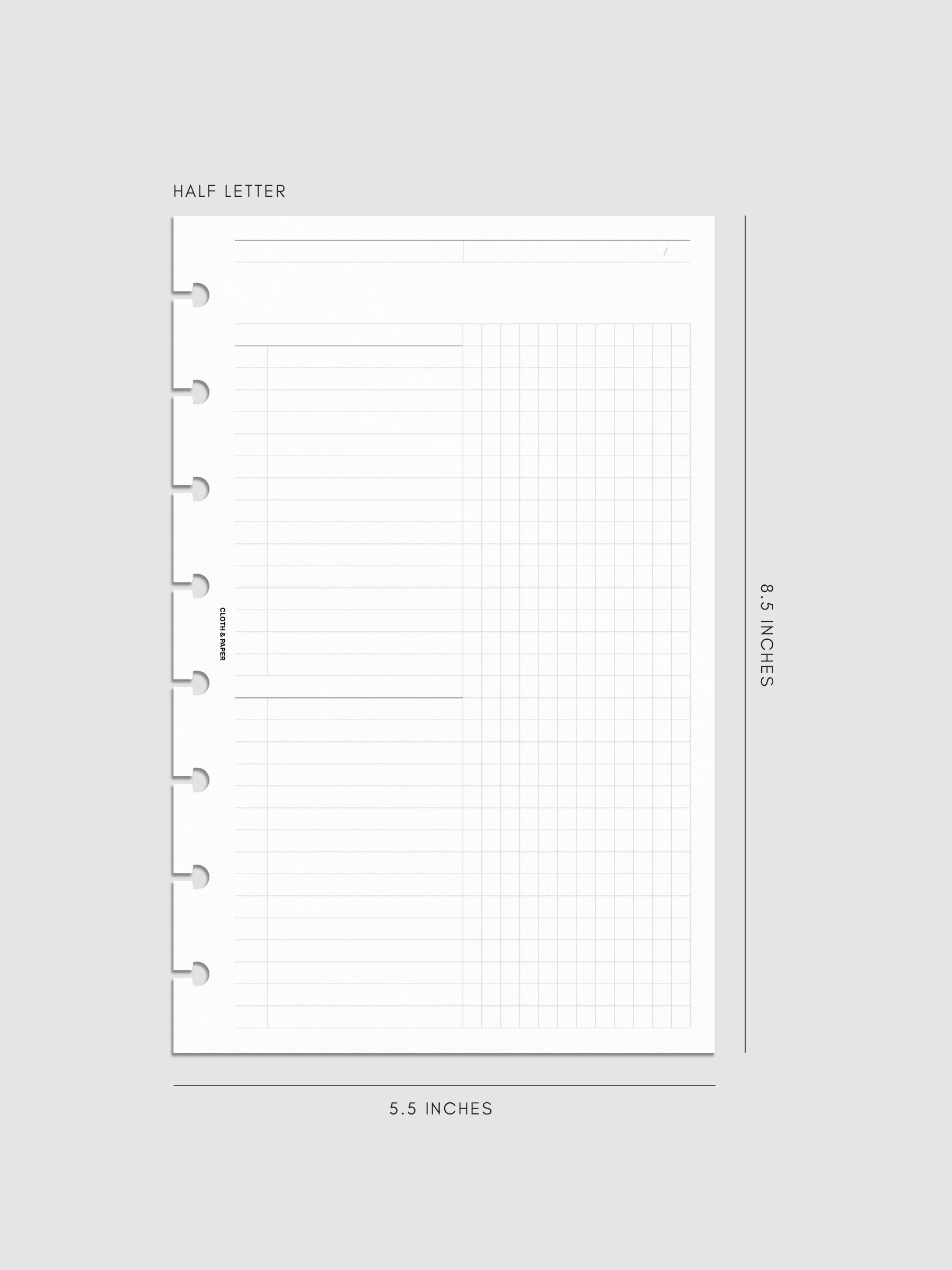 Daily Workflow Planner Inserts, Half Letter 8-Disc Punch, right page showing large graph notes section