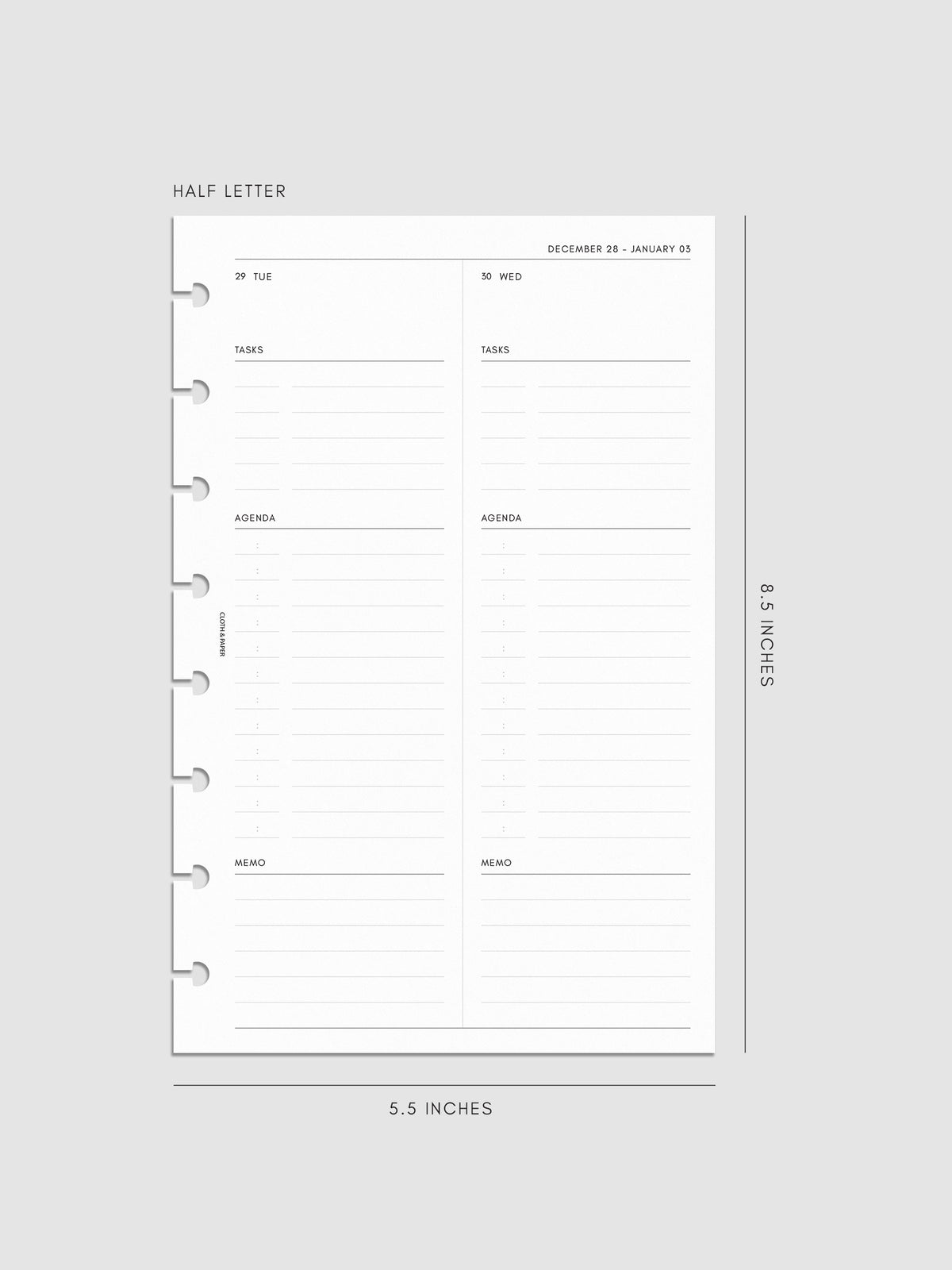 Right page layout of the 2027 Dated Daily Inserts | Monday Start in size Half Letter 8-Disc Punch