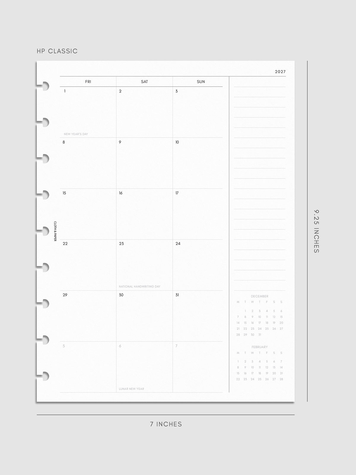 2027 Dated Monthly Planner Inserts, Monday Start, HP Classic 9-Disc Punch, right page of two-page monthly calendar spread with notes column and mini calendars in the bottom right corner shown inside a planner