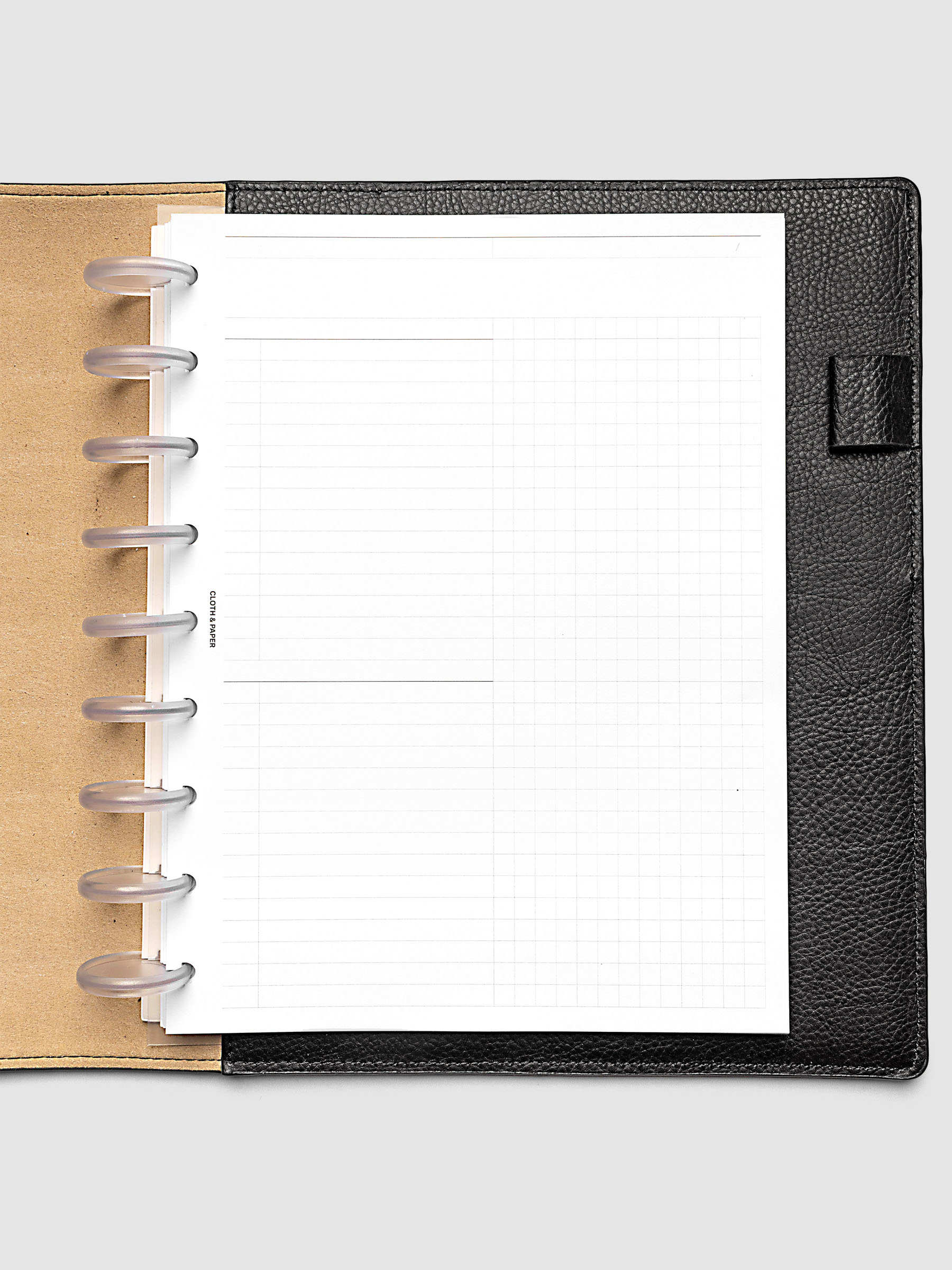 Daily Workflow Planner Inserts, HP Classic 9-Disc Punch, right page showing large graph notes section inside a planner
