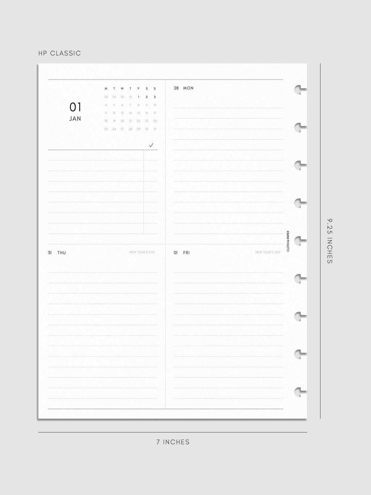 2027 Dated Weekly Vertical Planner Inserts, Monday Start, HP Classic 9-Disc Punch, left page of weekly spread showing a two-column two-row daily grid with mini monthly calendar and task list alongside Monday and lined sections throughout
