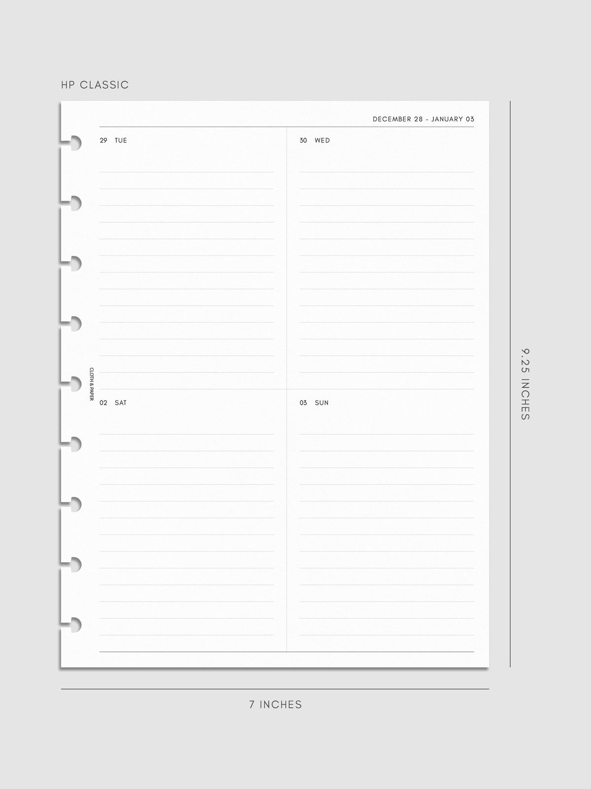 2027 Dated Weekly Vertical Planner Inserts, Monday Start, HP Classic 9-Disc Punch, right page of weekly spread showing a two-column two-row daily grid with lined sections throughout