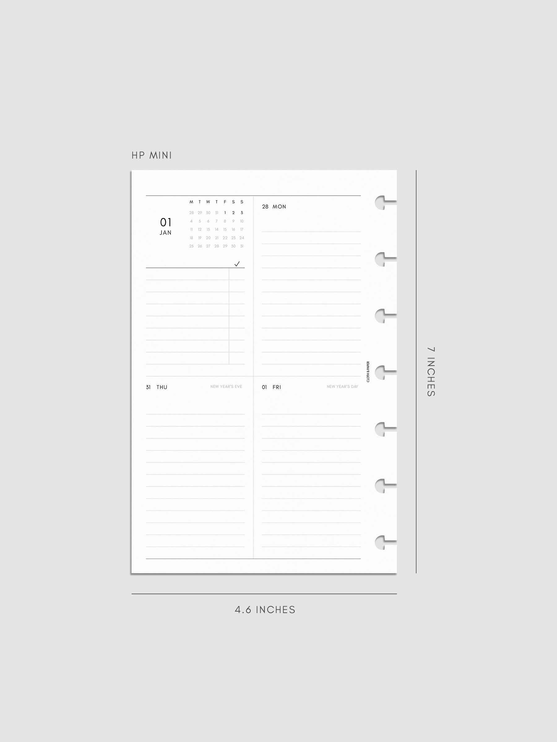 2027 Dated Weekly Vertical Planner Inserts, Monday Start, HP Mini 7-Disc Punch, left page of weekly spread showing a two-column two-row daily grid with mini monthly calendar and task list alongside Monday and lined sections throughout