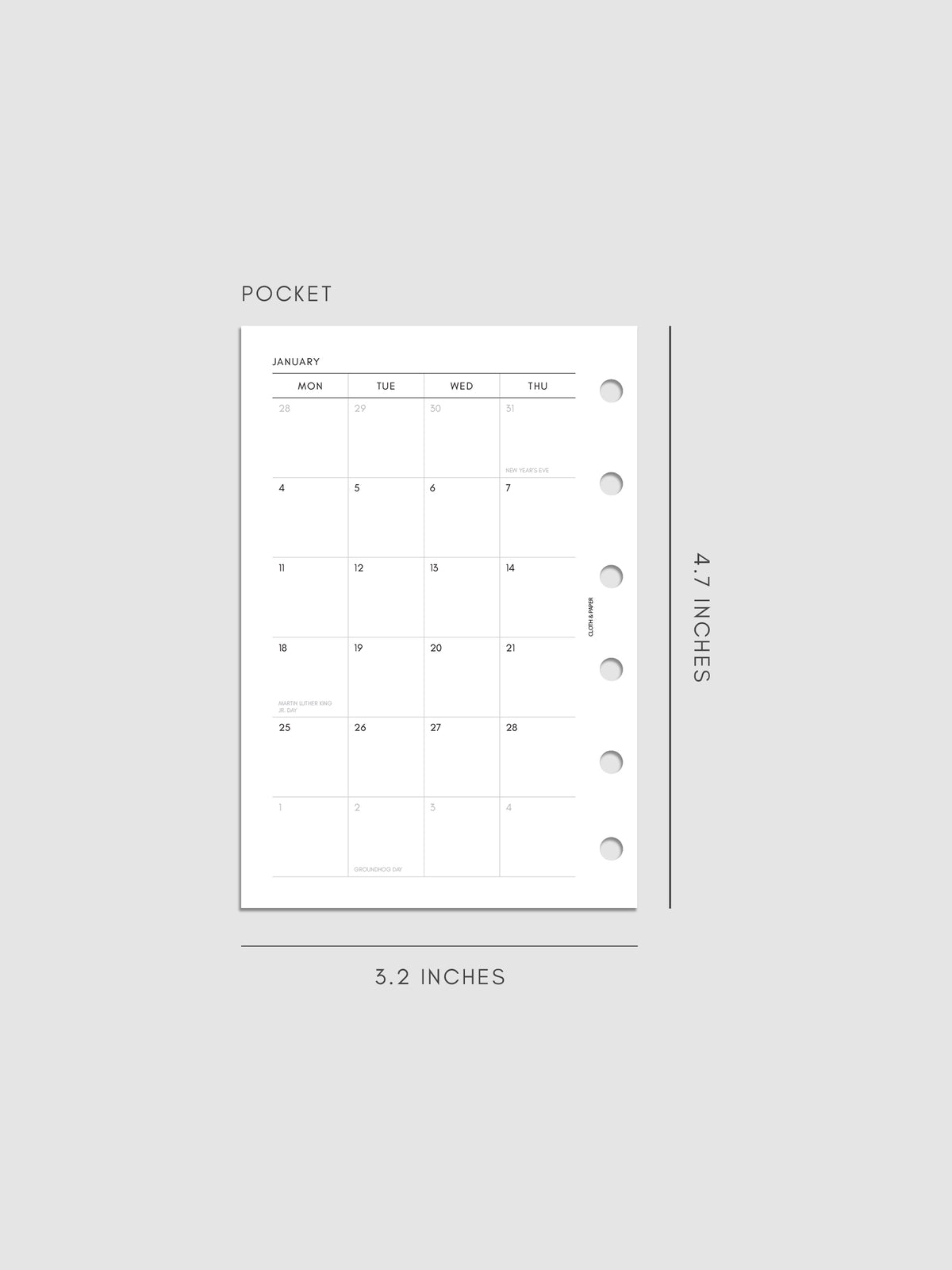 2027 Dated Monthly Planner Inserts, Monday Start, Pocket 6-Ring Punch, left page of two-page monthly calendar spread with Monday start shown inside a planner