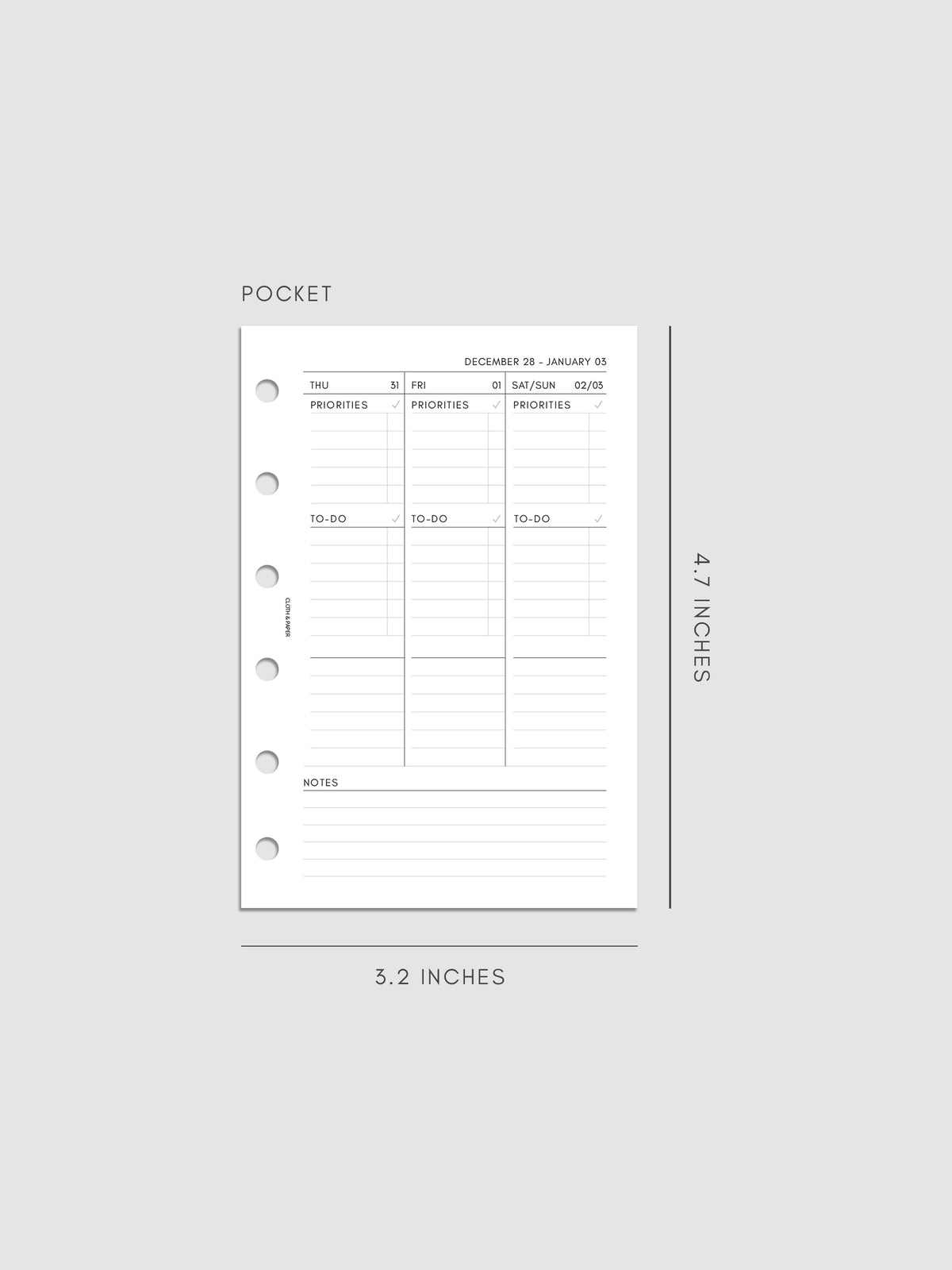 2027 Dated Weekly Task Planner Inserts, Monday Start, Pocket 6-Ring Punch, right page of weekly spread showing vertical columns for Thursday and Friday alongside a combined Saturday and Sunday column, with labeled priorities, to-do, and open notes sections, and weekly notes section along the bottom