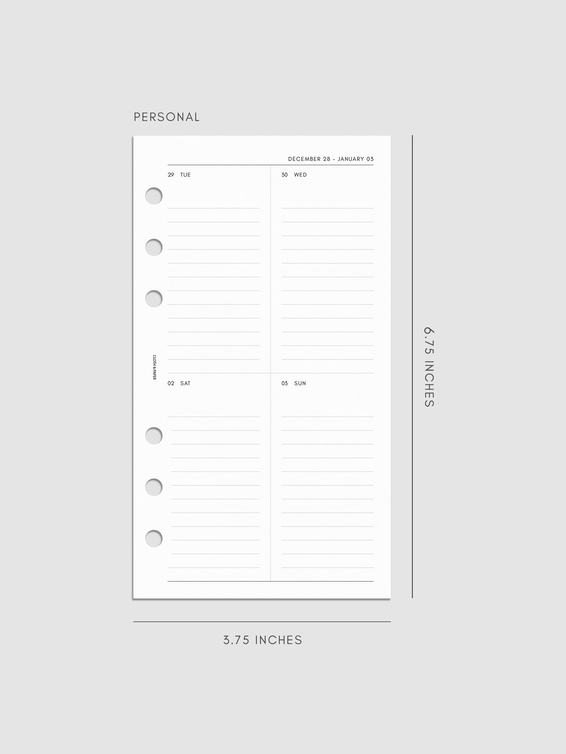 2027 Dated Weekly Vertical Planner Inserts, Monday Start, Personal 6-Ring Punch, right page of weekly spread showing a two-column two-row daily grid with lined sections throughout