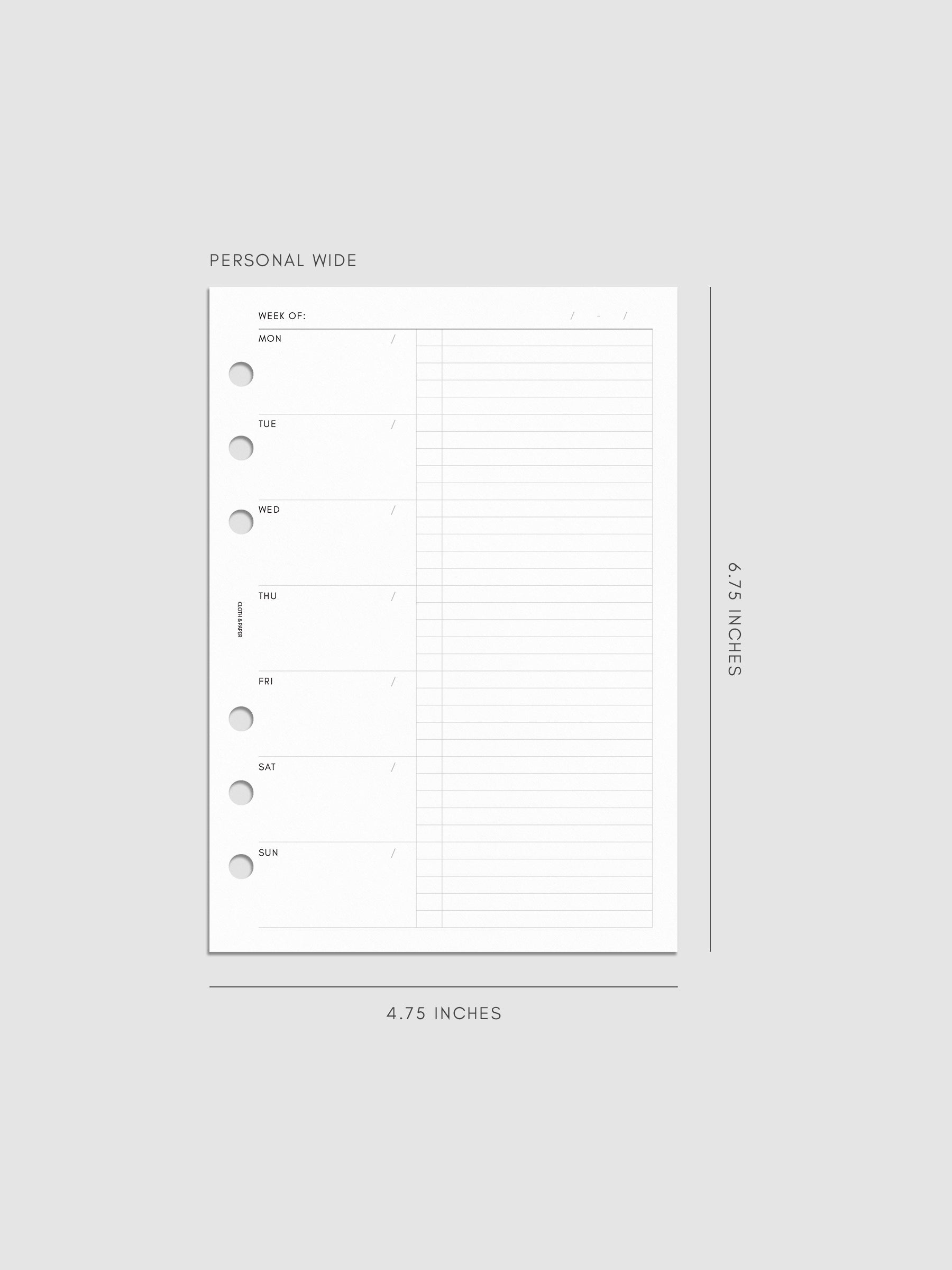 Weekly Checklist Inserts shown pre-punched for 6-ring planners in size Personal Wide.