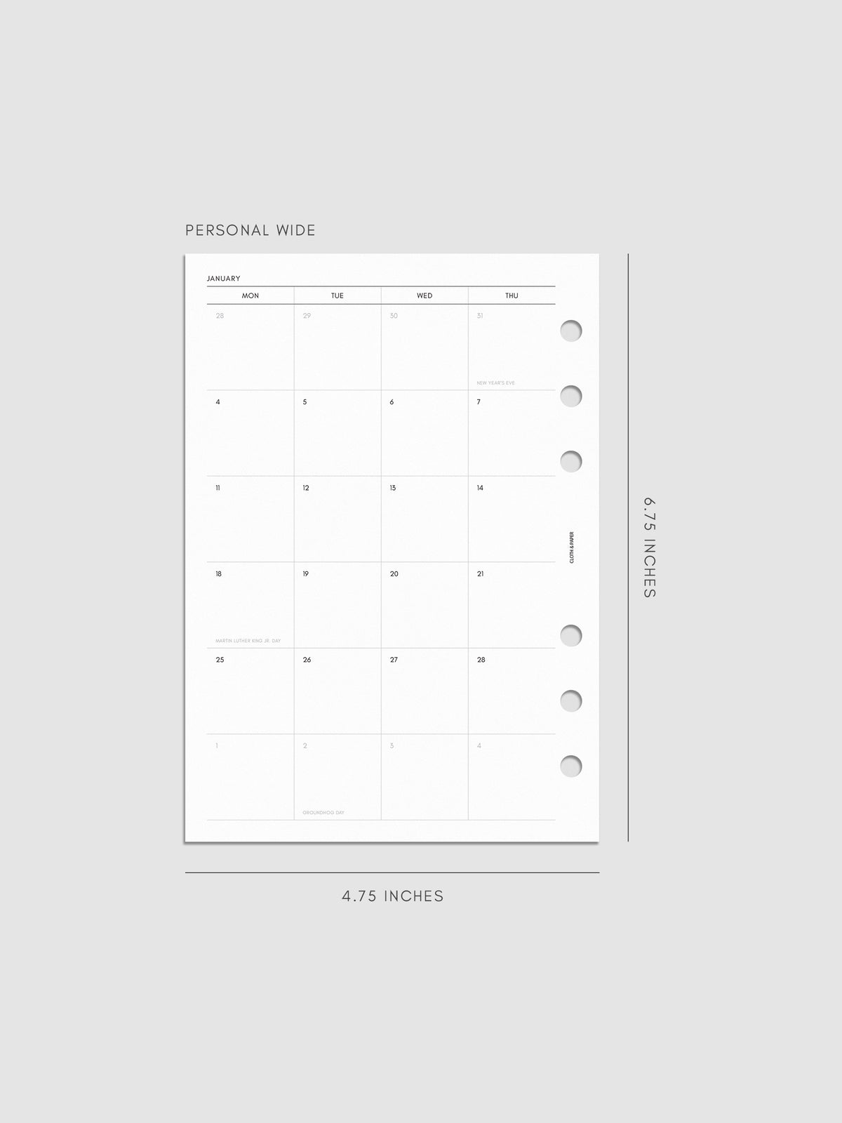 2027 Dated Monthly Planner Inserts, Monday Start, Personal Wide 6-Ring Punch, left page of two-page monthly calendar spread with Monday start shown inside a planner
