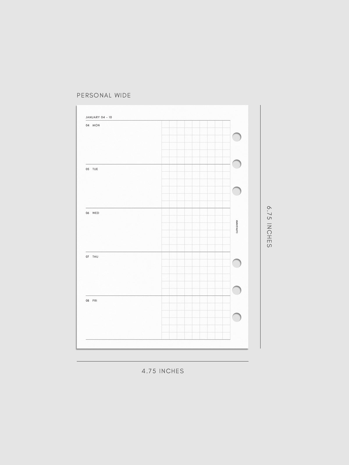 Mockup of the 2027 Dated Weekly Horizontal Planner Inserts | Monday Start's left page shown in size Personal Wide 6-Ring Punch.