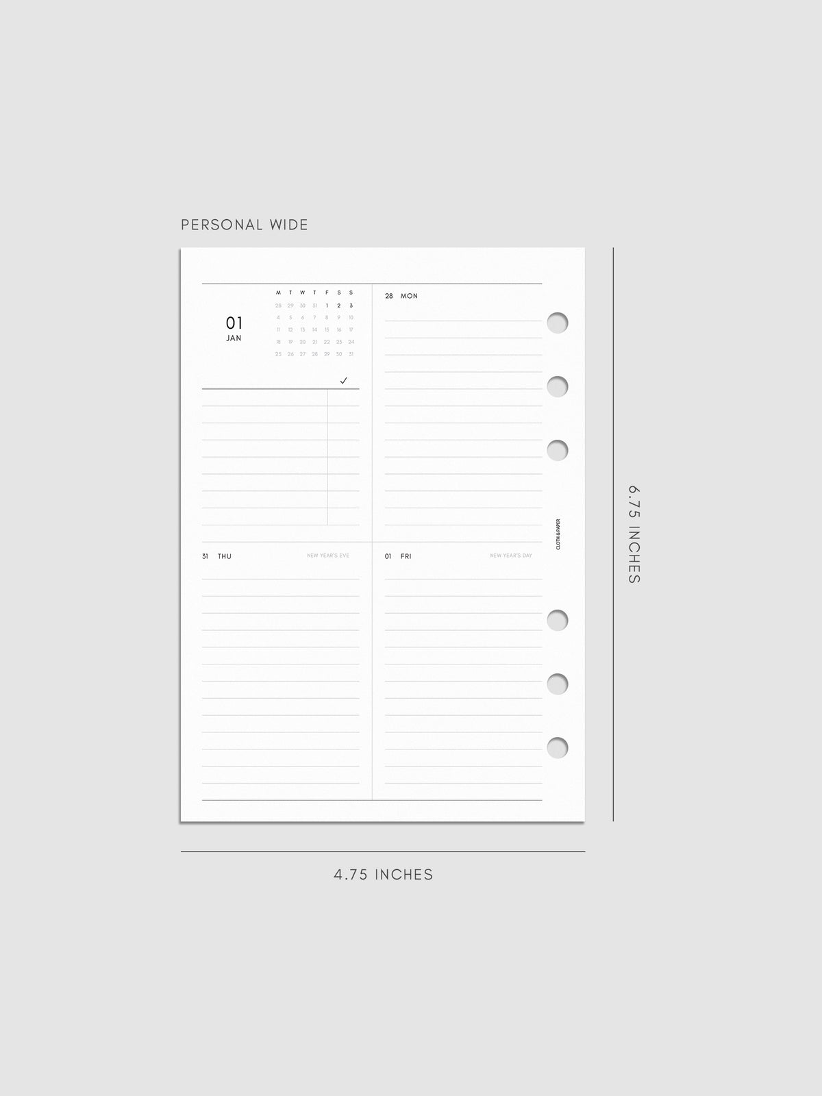 2027 Dated Weekly Vertical Planner Inserts, Monday Start, Personal Wide 6-Ring Punch, left page of weekly spread showing a two-column two-row daily grid with mini monthly calendar and task list alongside Monday and lined sections throughout