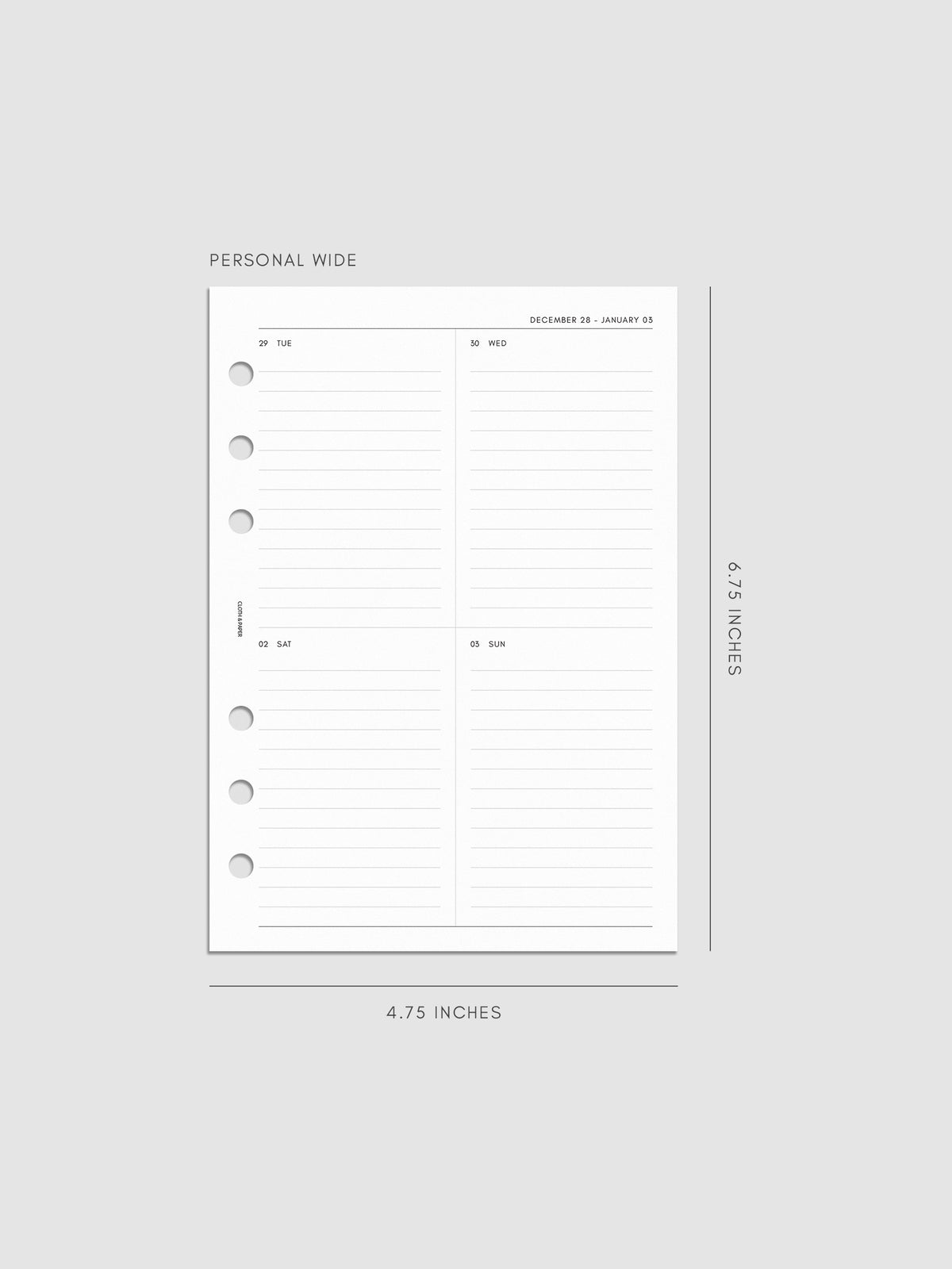 2027 Dated Weekly Vertical Planner Inserts, Monday Start, Personal Wide 6-Ring Punch, right page of weekly spread showing a two-column two-row daily grid with lined sections throughout