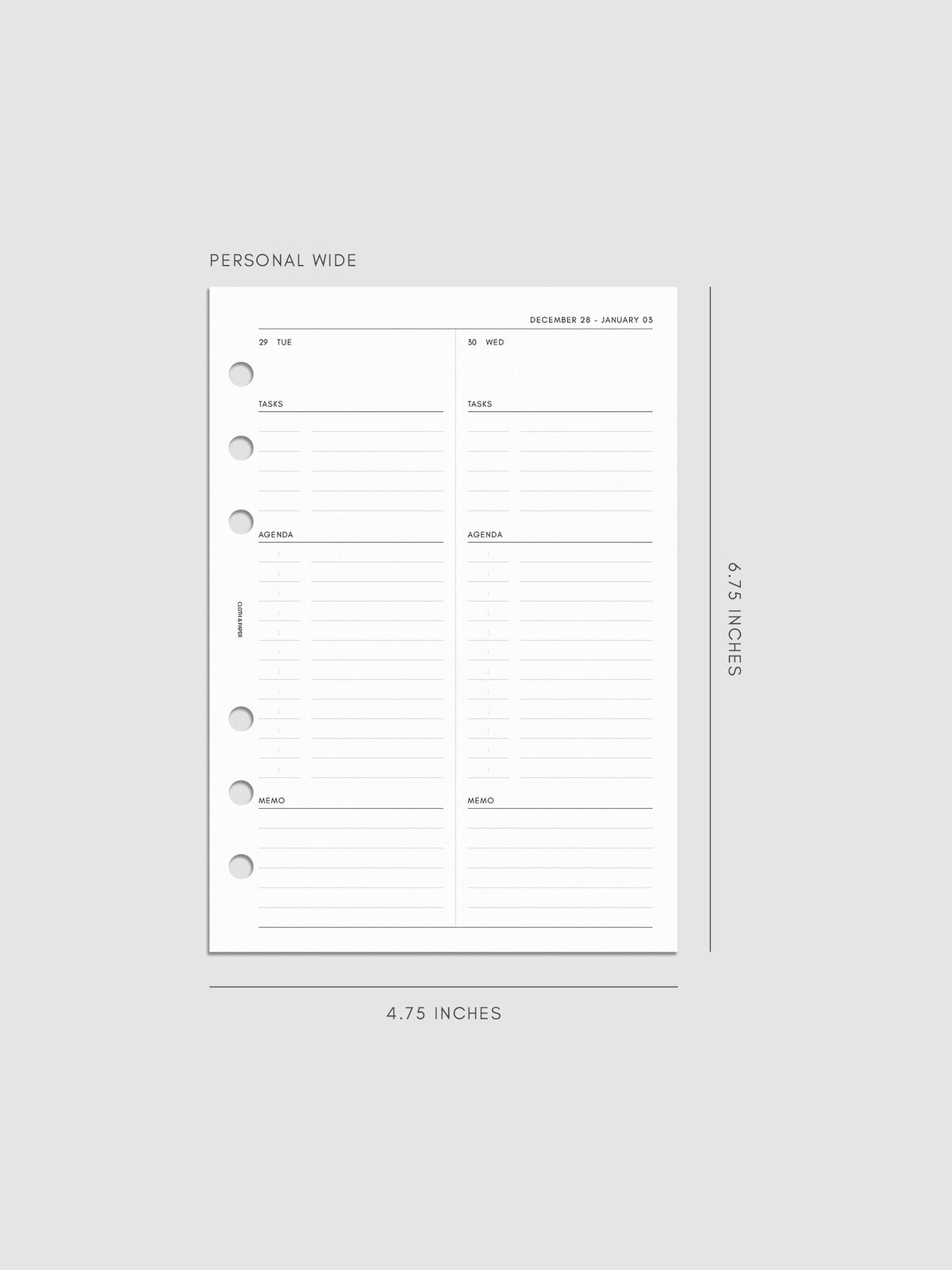 Right page layout of the 2027 Dated Daily Inserts | Monday Start in size Personal Wide 6-Ring Punch