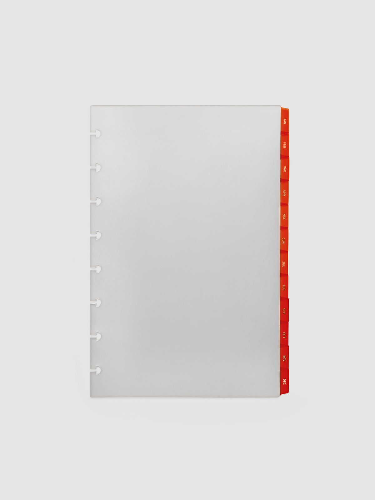 Half Letter 8-Disc Punch Ultra-Thin Monthly Dividers in deep orange, set of 12 dividers fanned to show all months