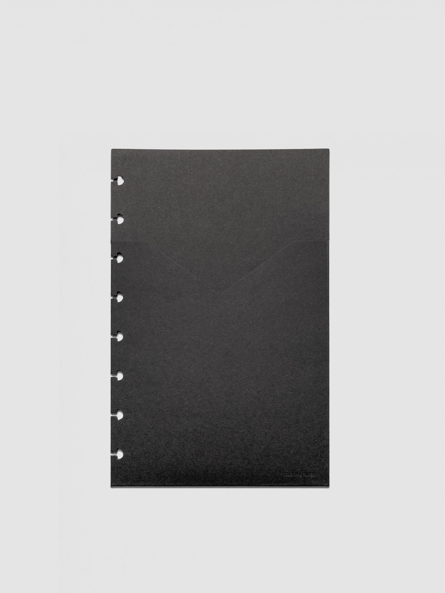 Black planner paper pocket folder shown in size Half Letter 8-Disc Punch