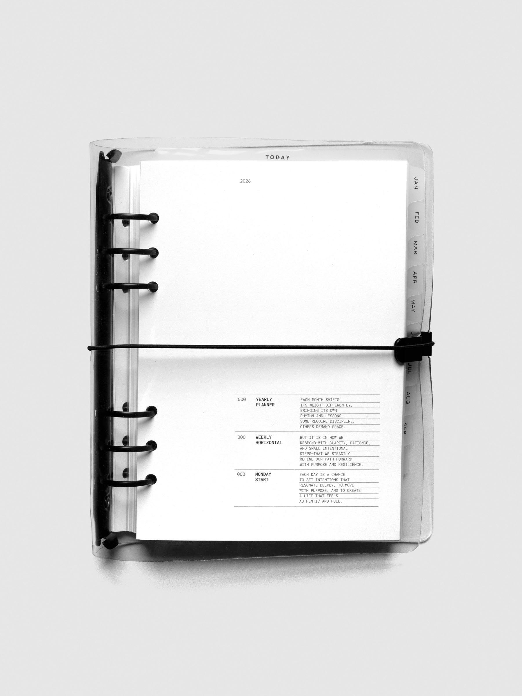 2026 Dated Planner Bundle Horizontal Weekly Monday Start in size A5 shown assembled in a Clear Vinyl Agenda.