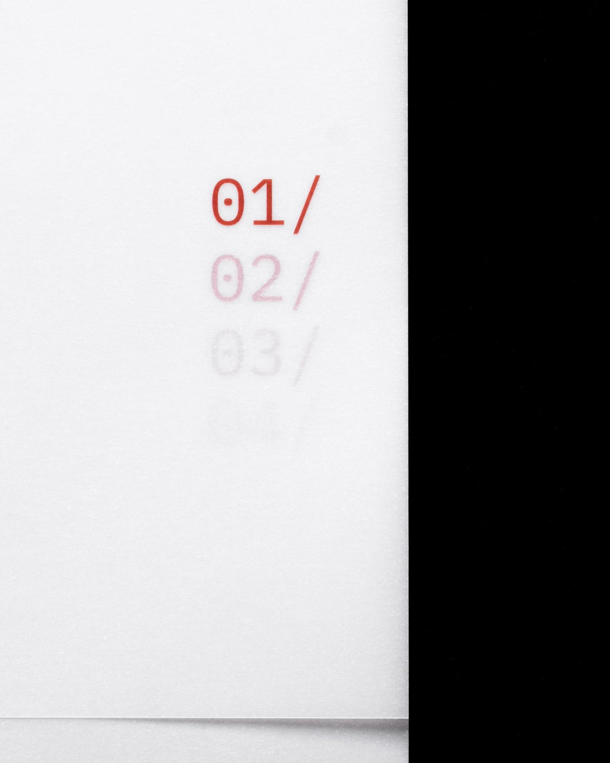 Minimalist month divider with '01/' in bold red text and faint reflections of subsequent months