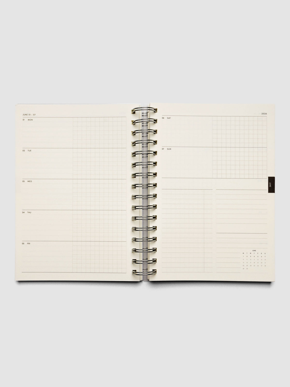 2026 Weekly Horizontal Notebook | Monday Start | A5 Spiral shown open on a weekly layout page displaying silver spiral binding and cream paper.