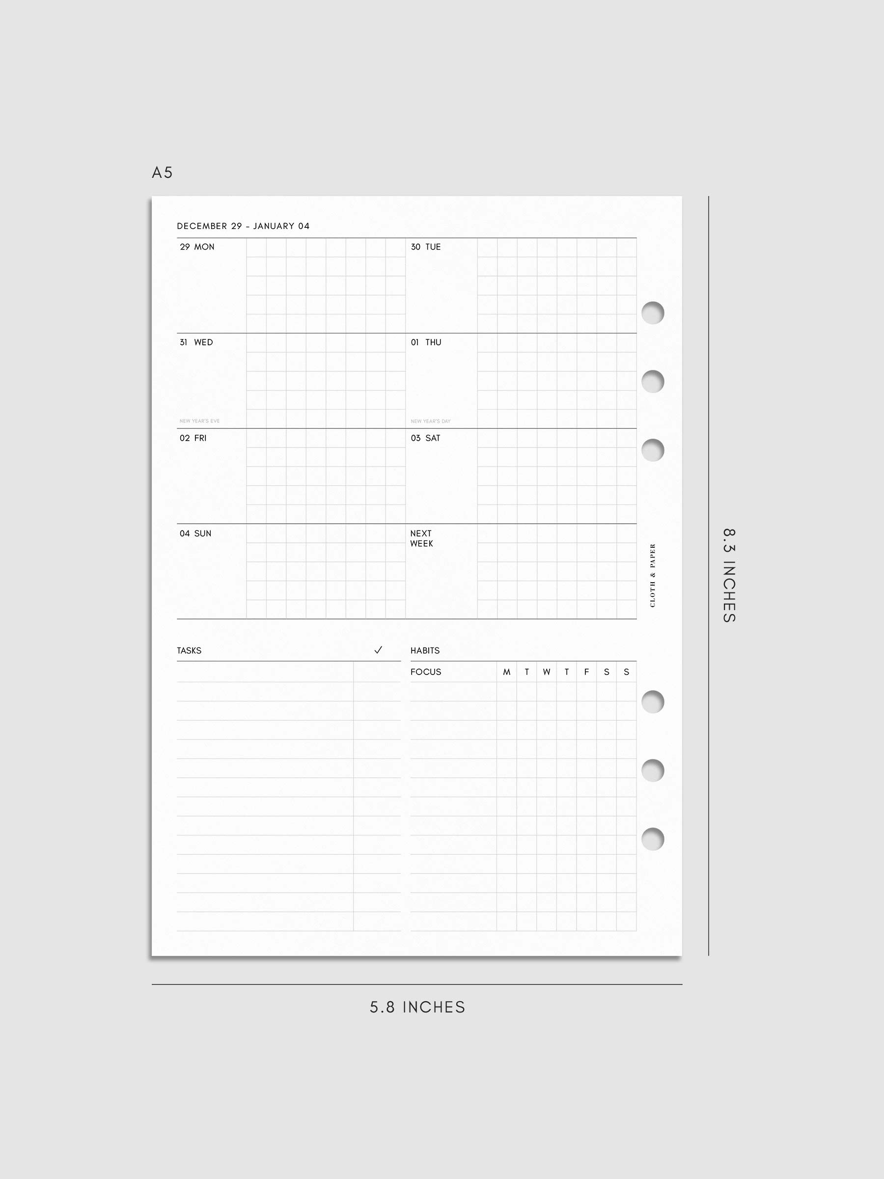 Digital mock-up of the weekly spread in A5.