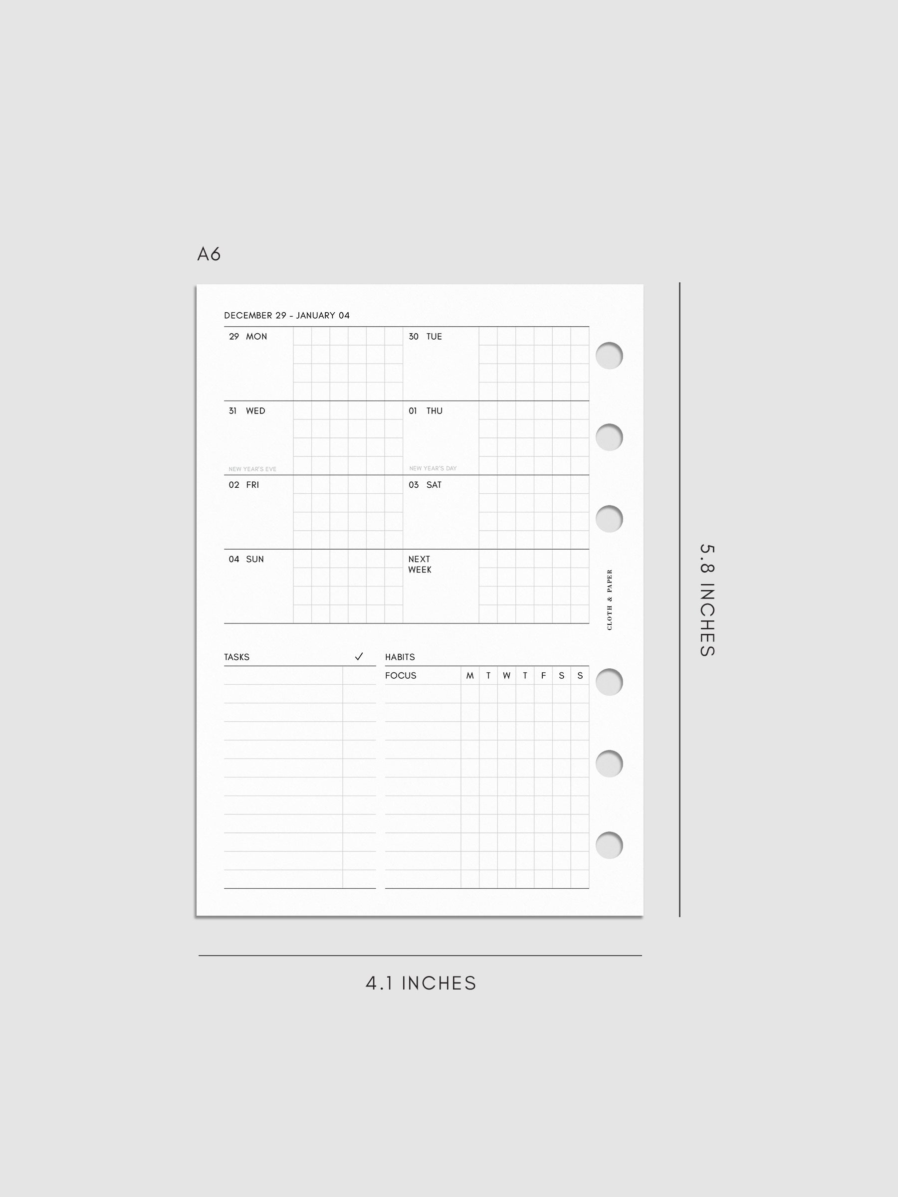 Digital mock-up of the weekly spread in A6.