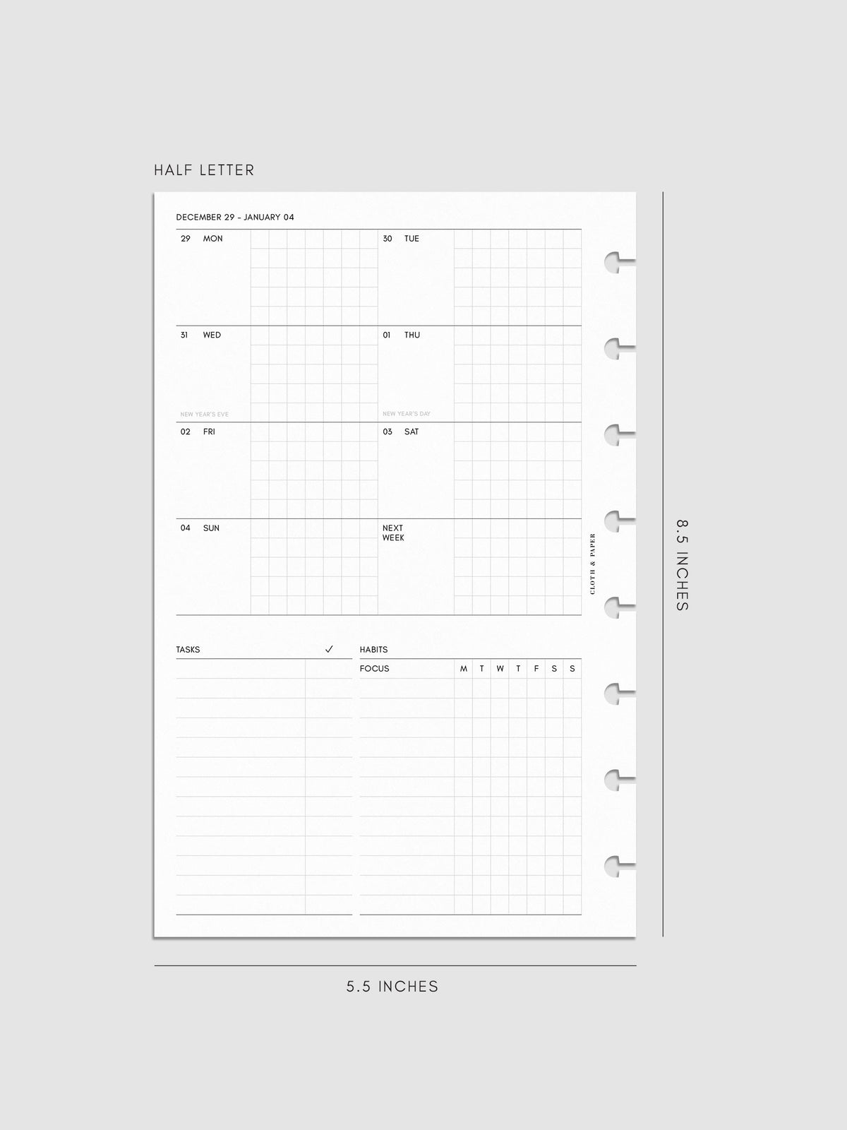 Digital mock-up of the weekly spread in Half Letter.