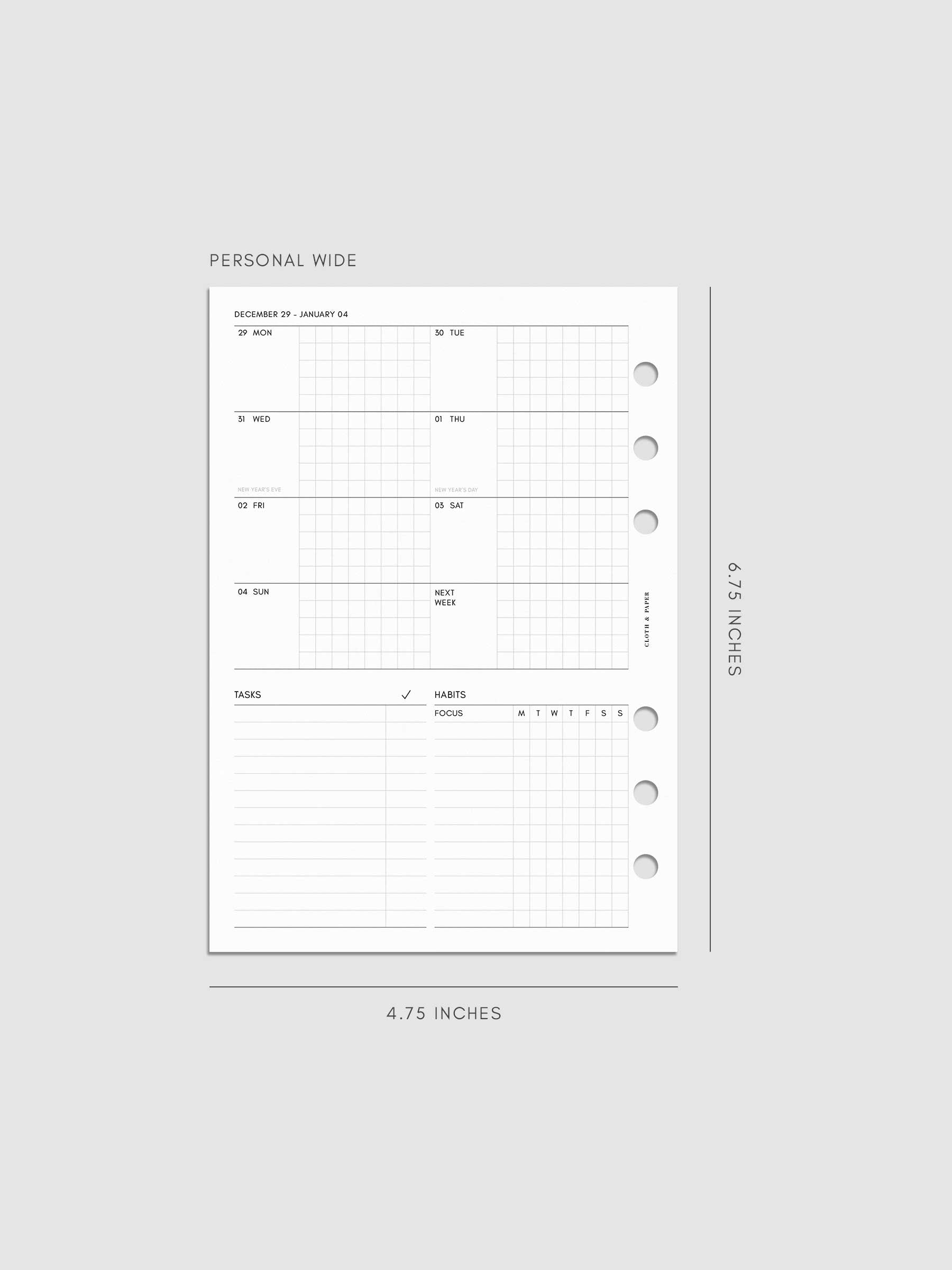Digital mock-up of the weekly spread in Personal Wide.
