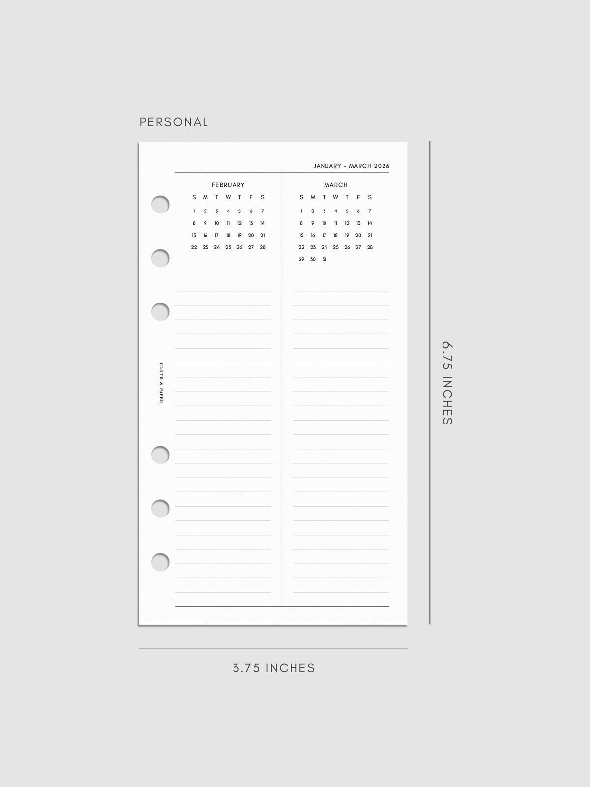 Digital mock-up of the 2026 Year Overview Planner Inserts in Personal.