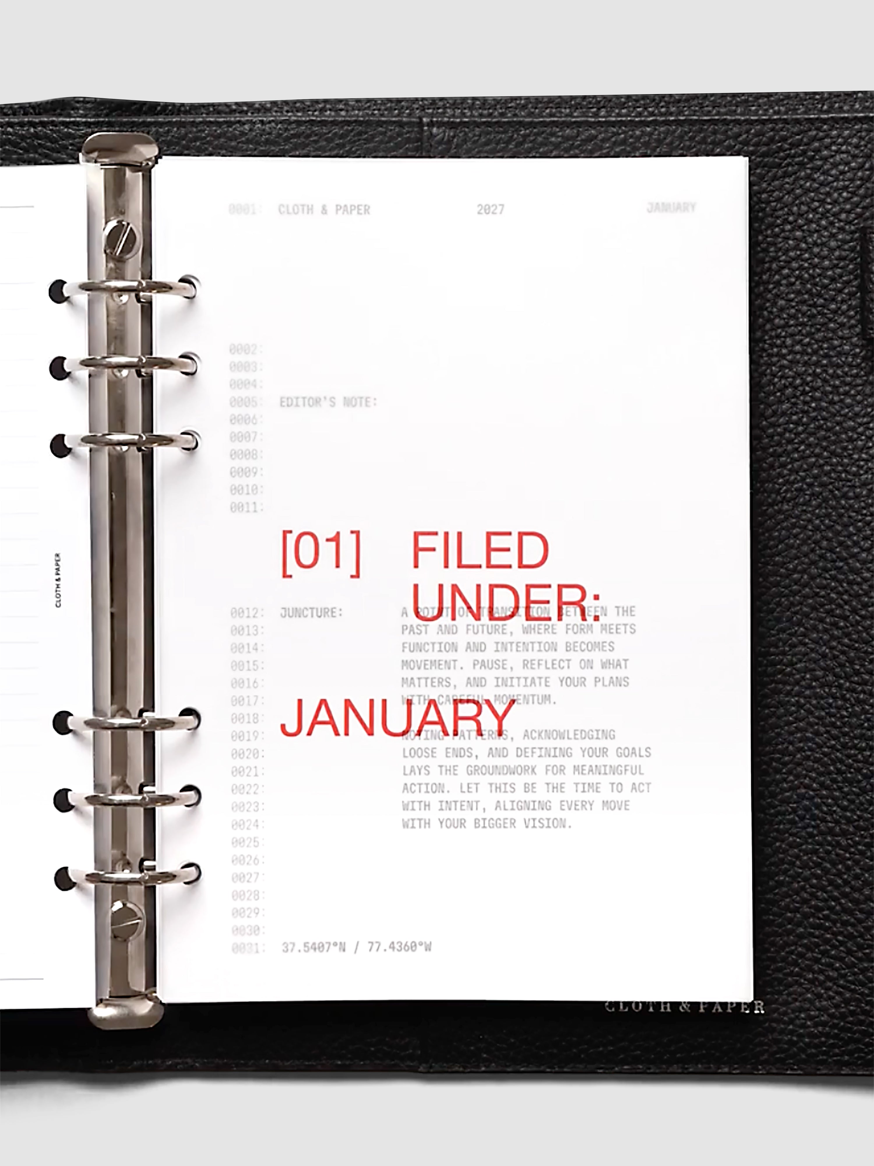 2027 Front + Monthly Dashboard Overlays, Saffron, A5 6-Ring Punch, vellum dashboard overlay shown layered inside a planner