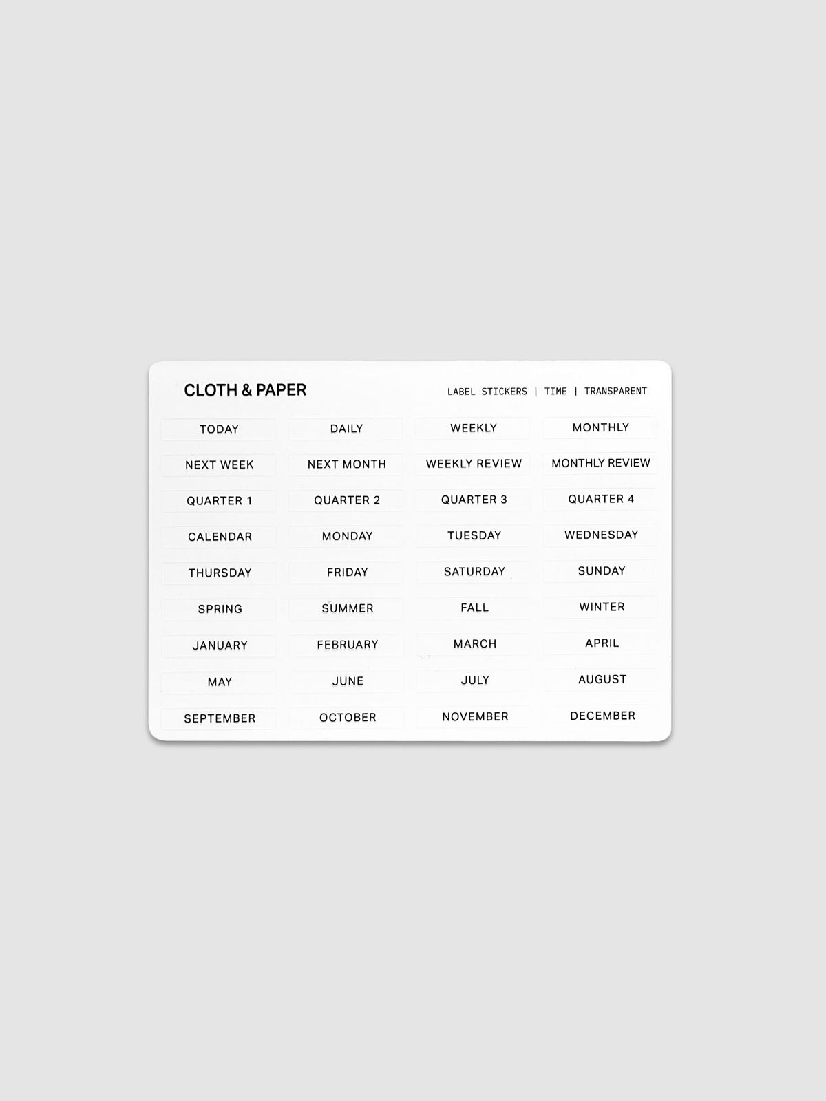 One sheet of transparent label stickers with black printed text on the theme of time.